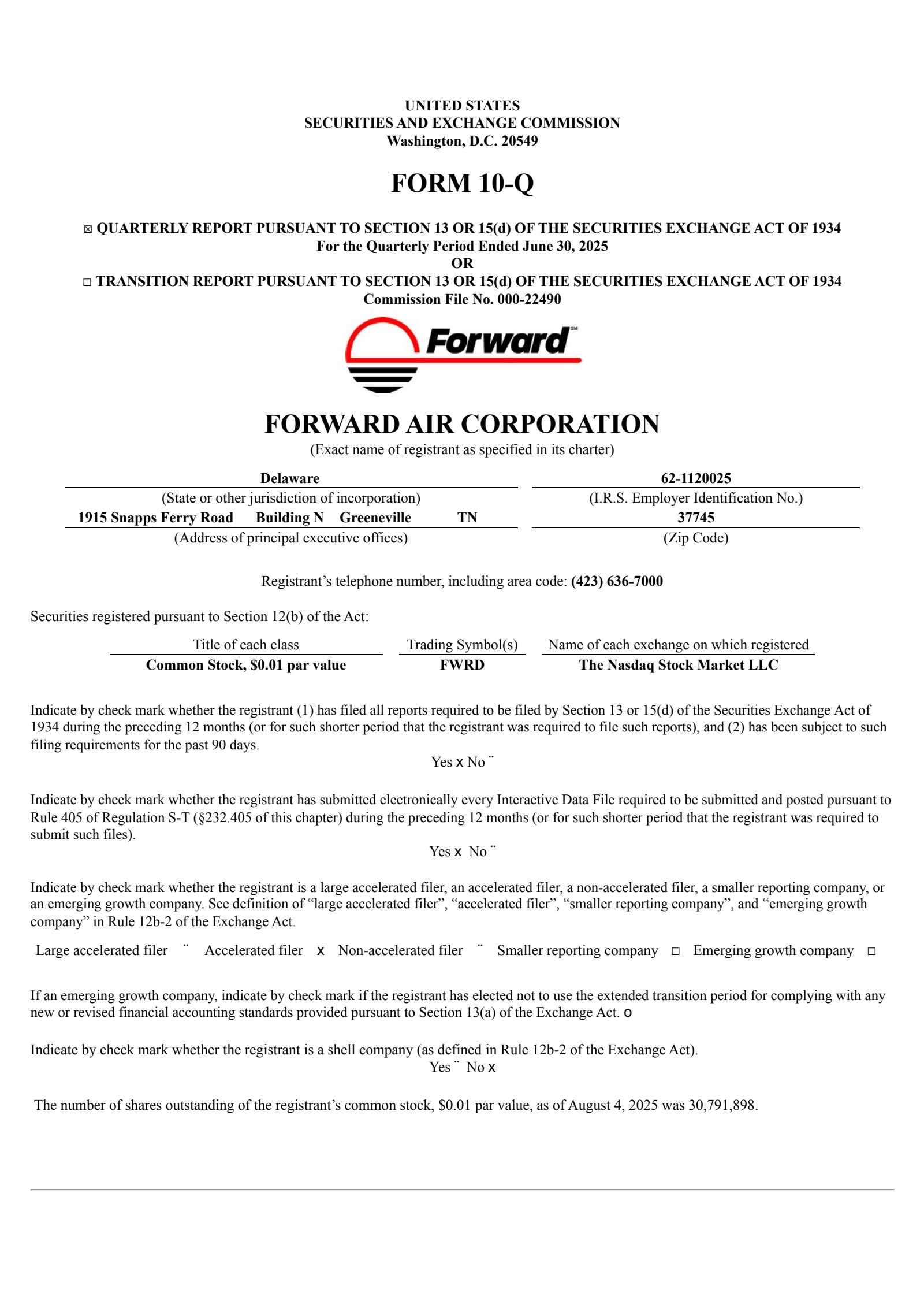 Forward Air's Q2 2025 Quarterly report