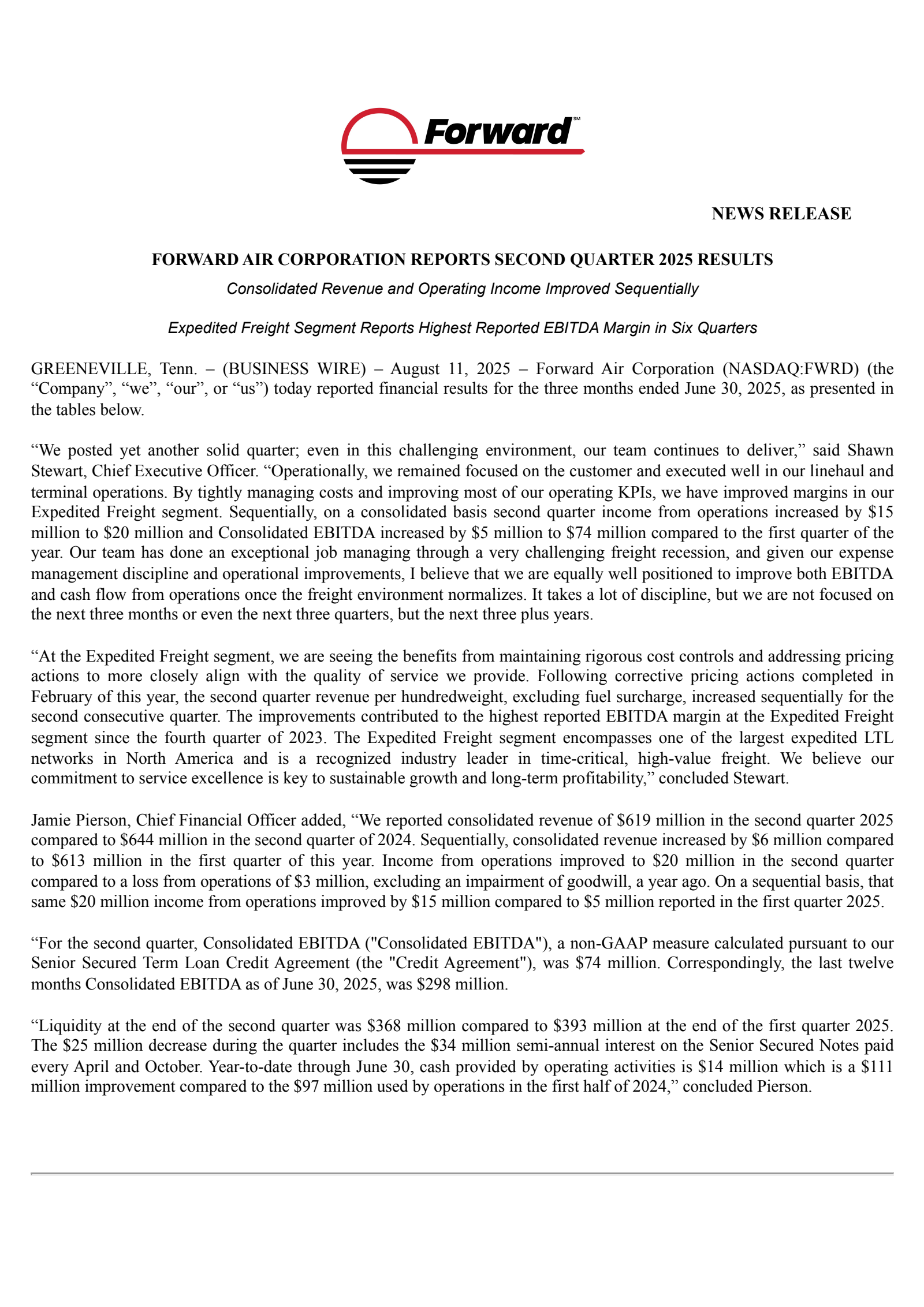 Forward Air's Q2 2025 Press Release