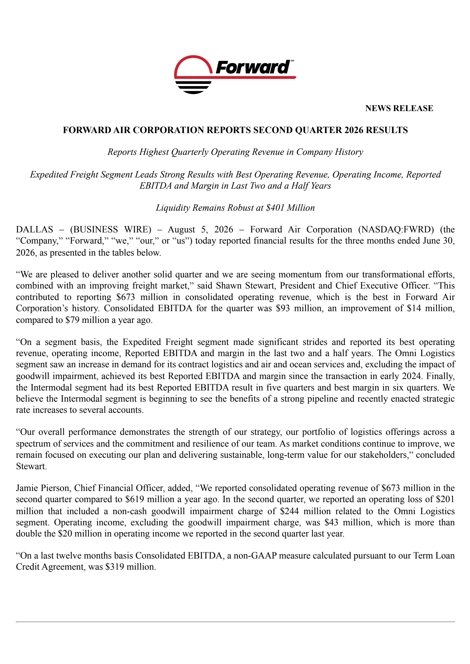 Forward Air's Q2 2026 Press Release