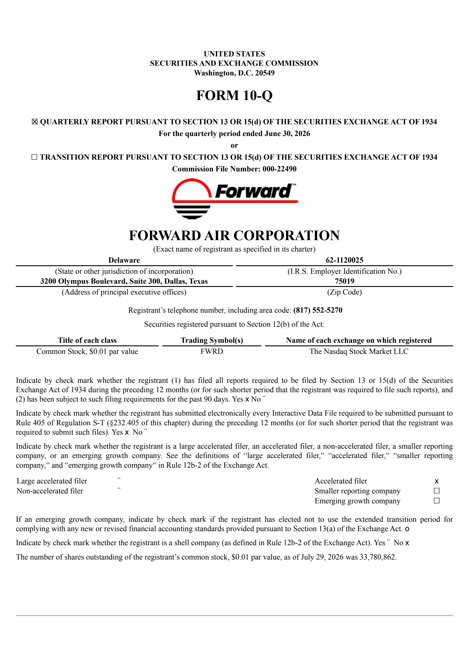 Forward Air's Q2 2026 Quarterly report