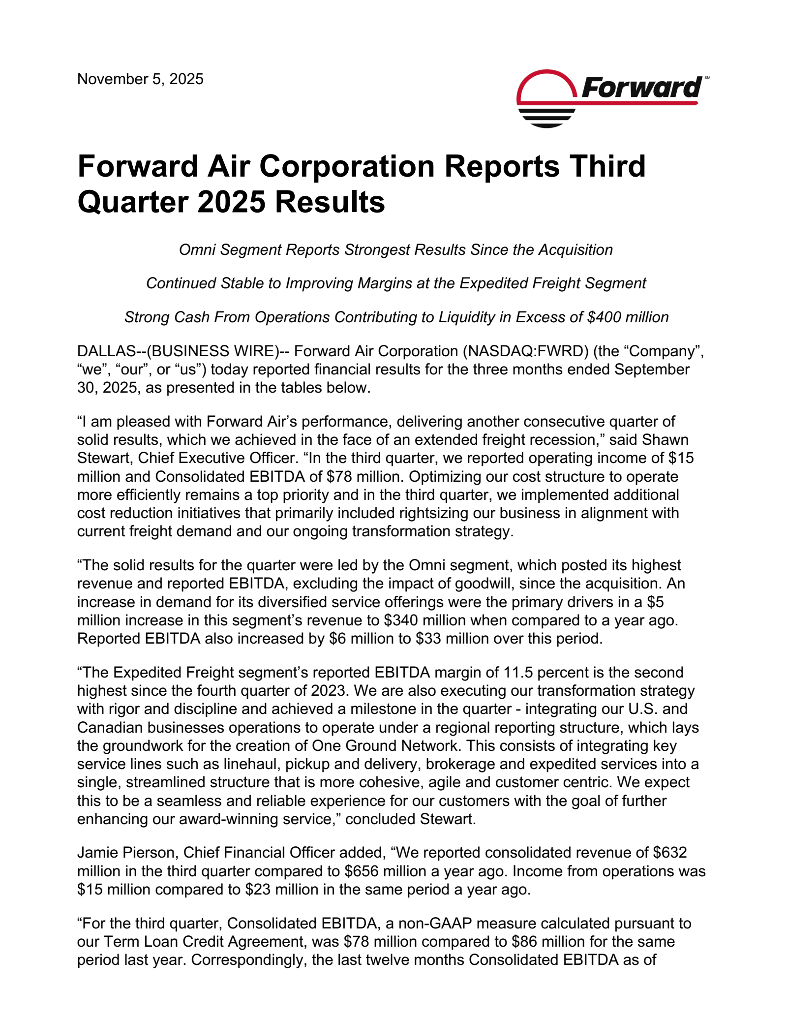 Forward Air's Q3 2025 Earnings Release