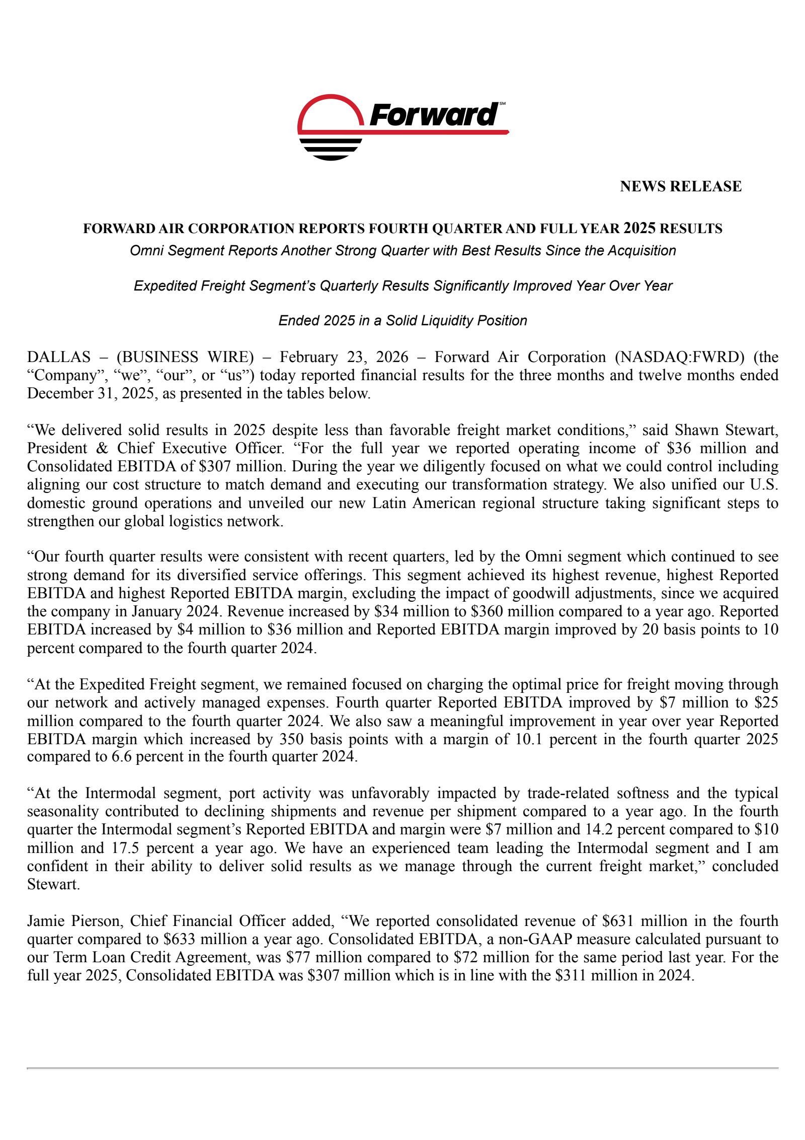 Forward Air's Q4 2025 Press Release