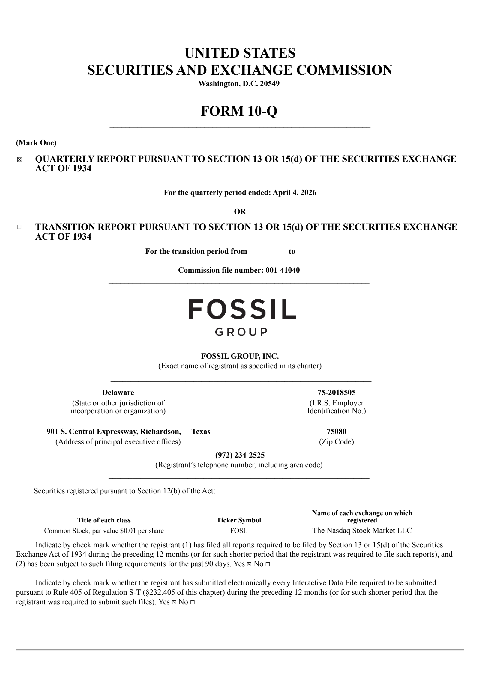 Fossil Group's Q1 2026 Quarterly report