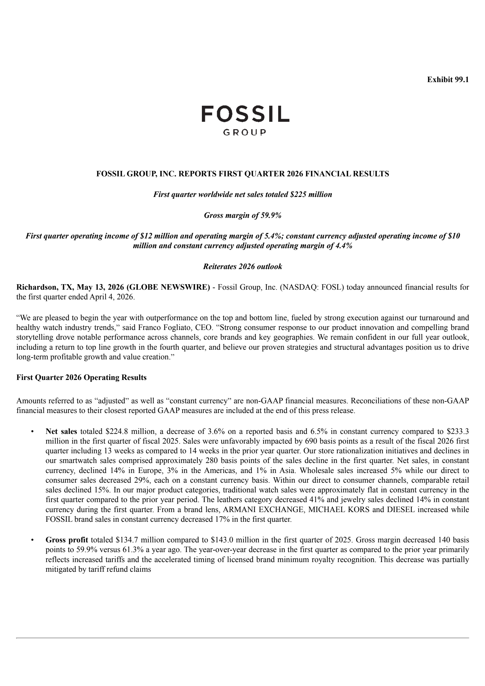 Fossil Group's Q1 2026 Press Release