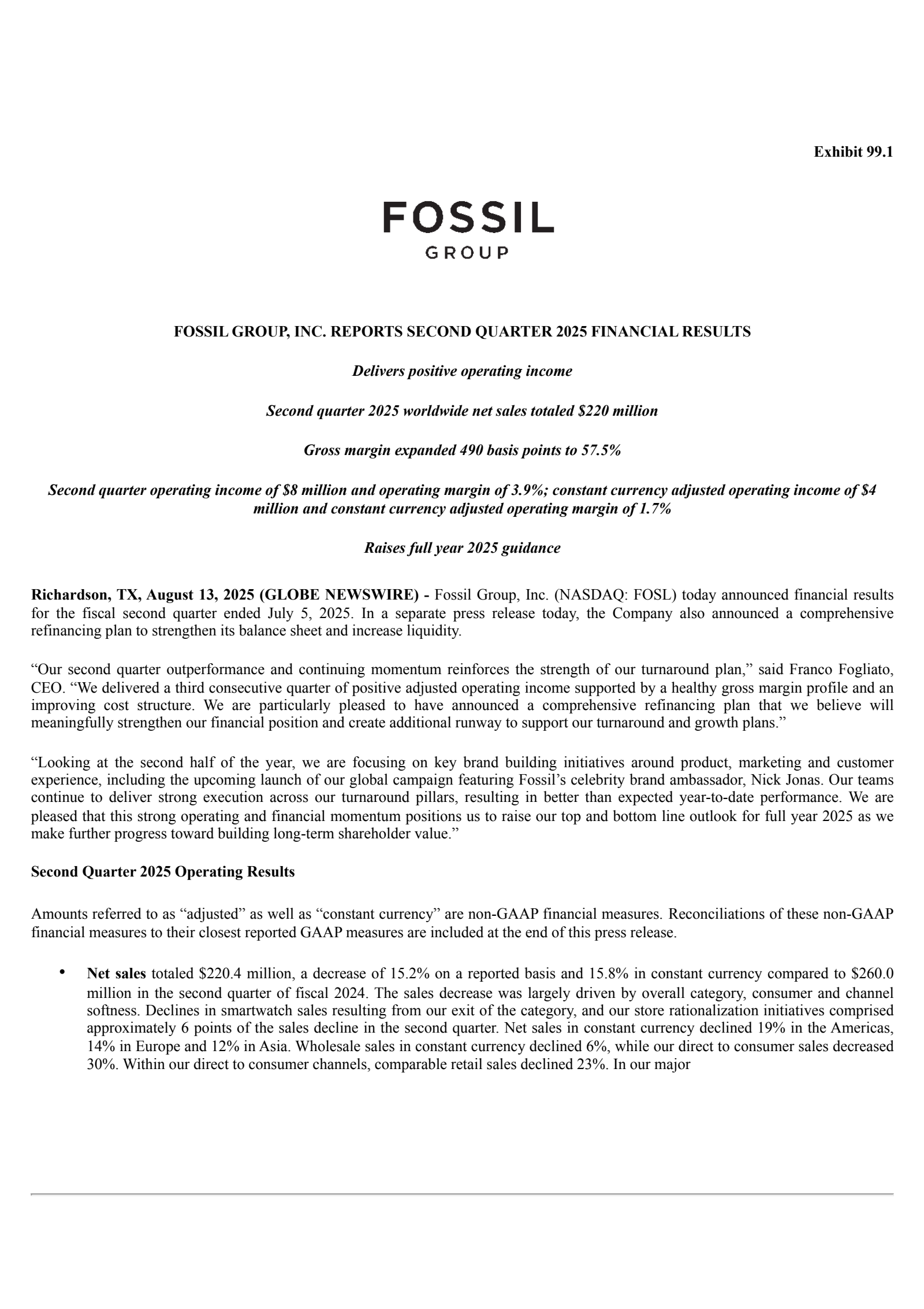 Fossil Group's Q2 2025 Press Release