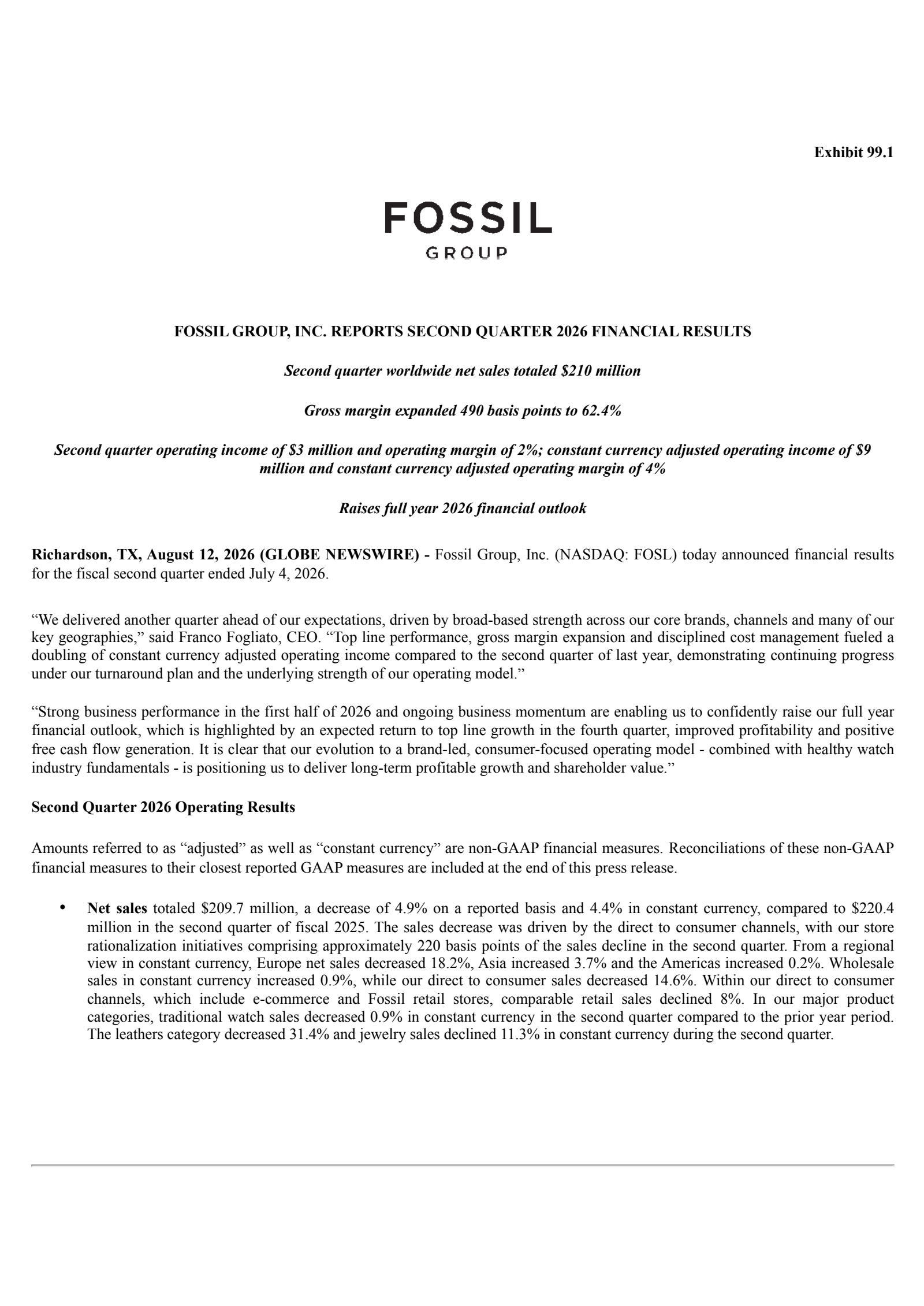 Fossil Group's Q2 2026 Press Release