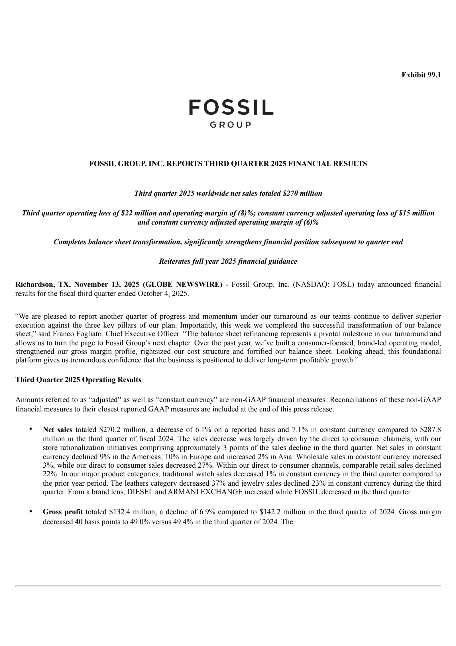 Fossil Group's Q3 2025 Earnings Release
