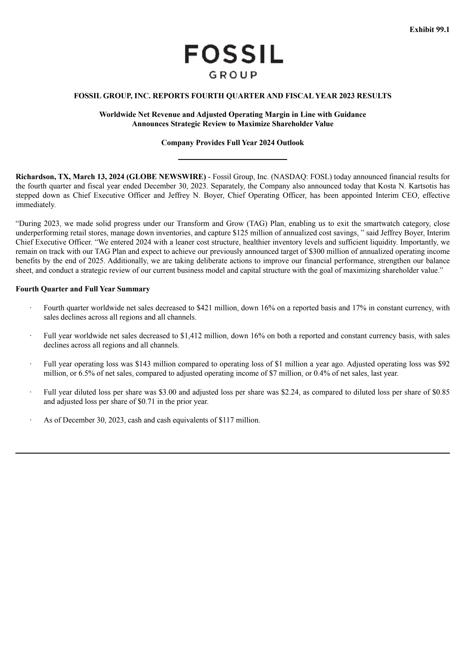 Fossil Group's Q4 2023 Press Release