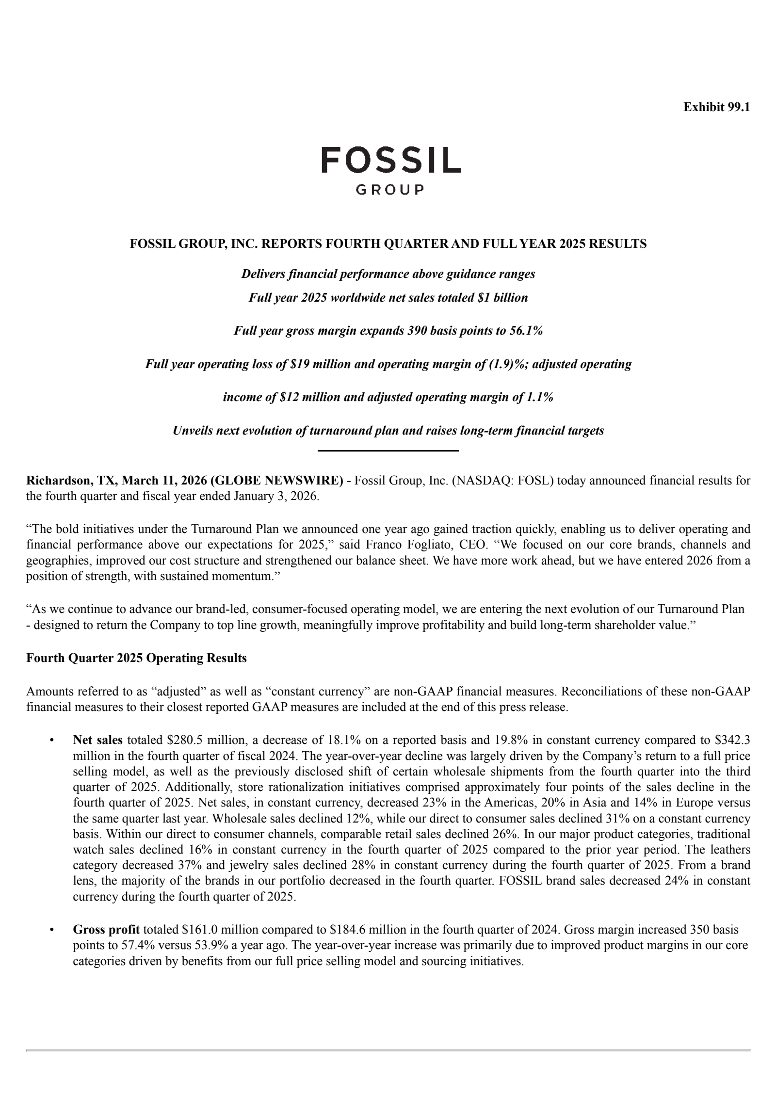 Fossil Group's Q4 2025 Press Release