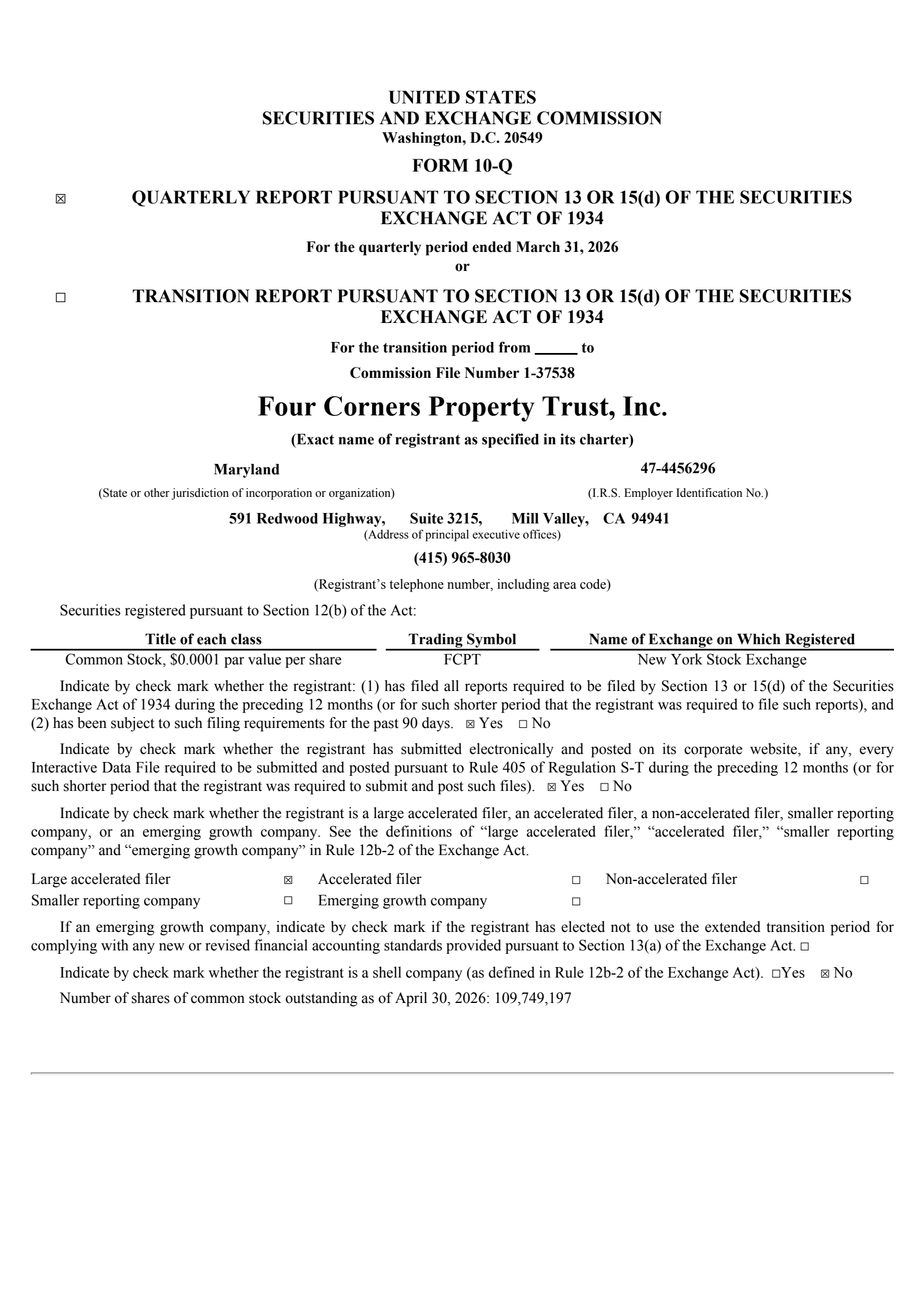 Four Corners Property Trust's Q1 2026 Quarterly report