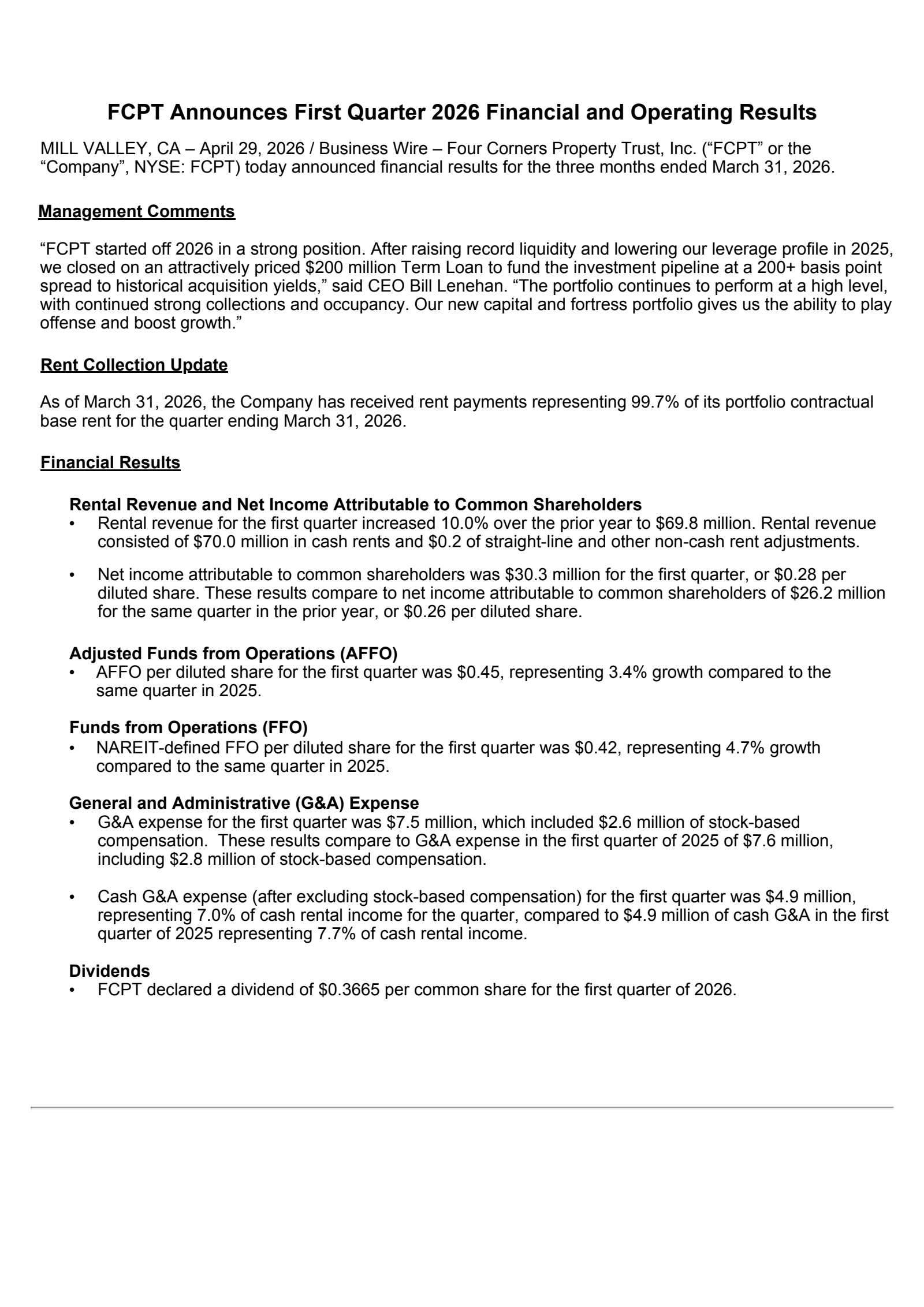 Four Corners Property Trust's Q1 2026 Press Release