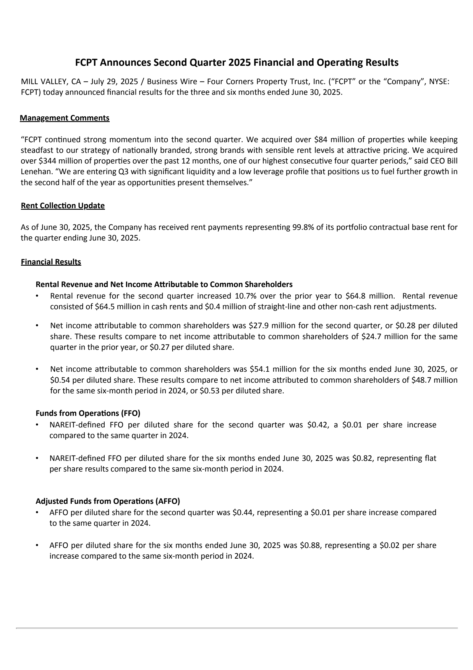 Four Corners Property Trust's Q2 2025 Press Release