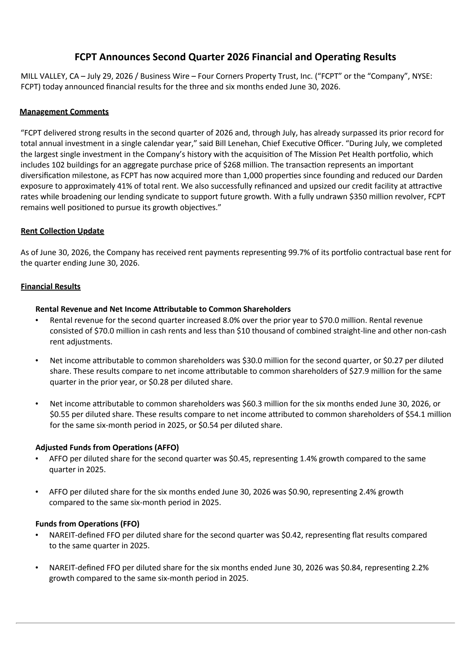 Four Corners Property Trust's Q2 2026 Press Release