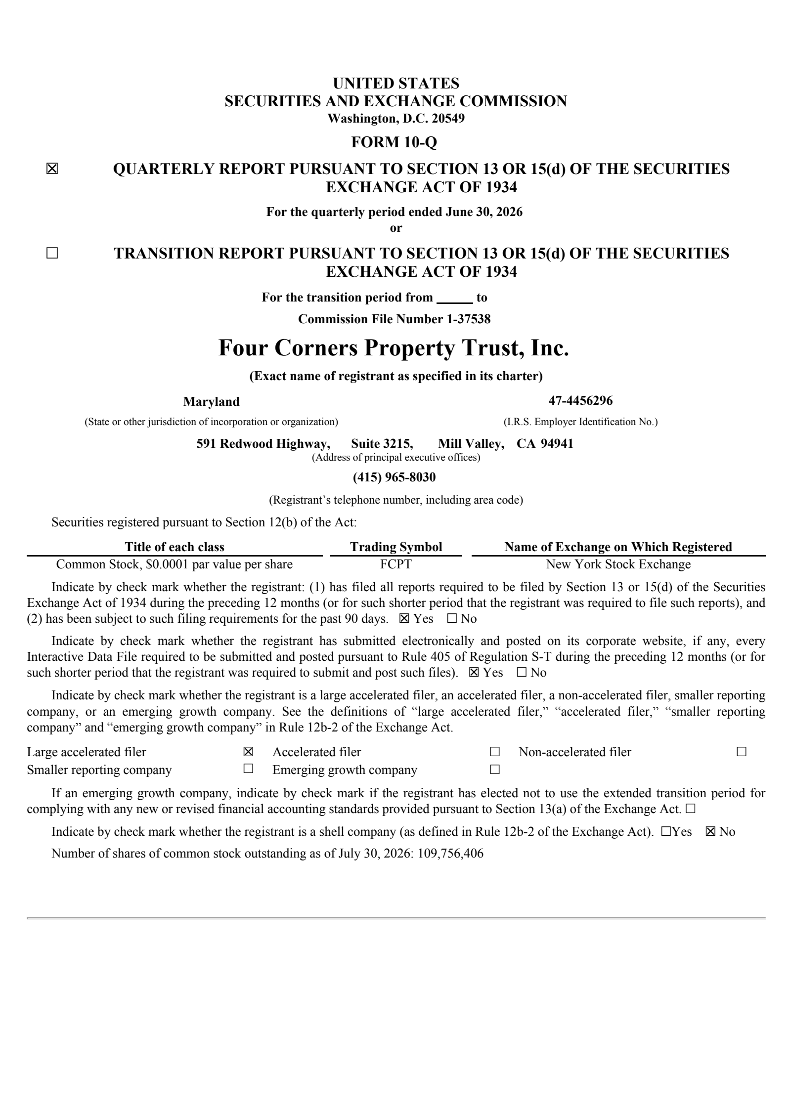 Four Corners Property Trust's Q2 2026 Quarterly report