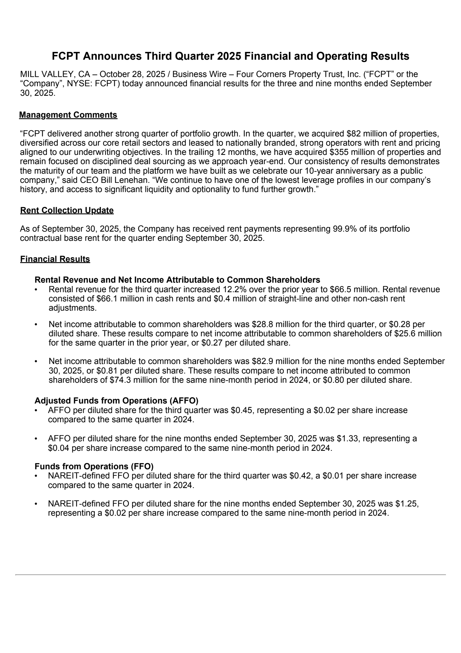 Four Corners Property Trust's Q3 2025 Earnings Release