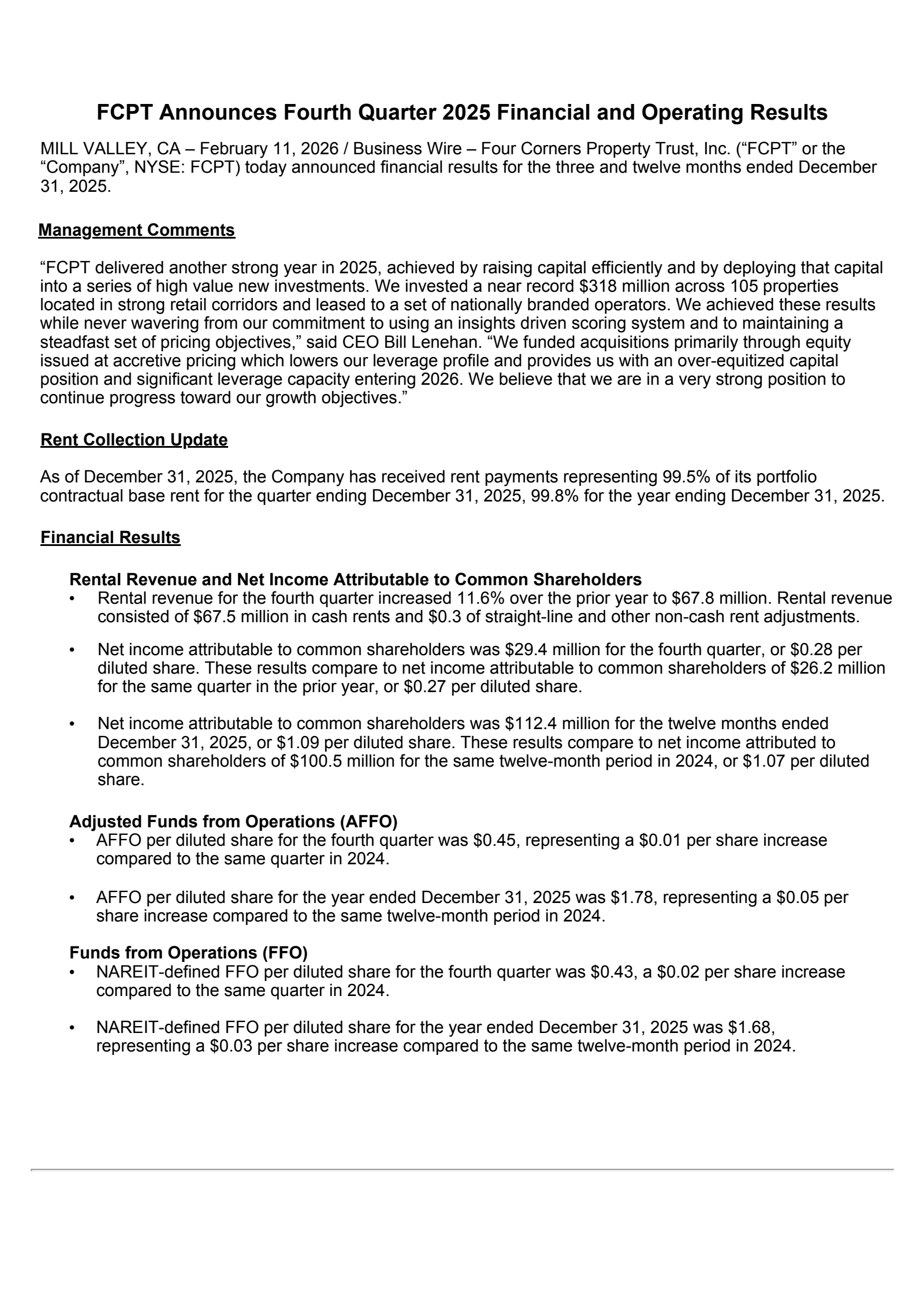 Four Corners Property Trust's Q4 2025 Press Release