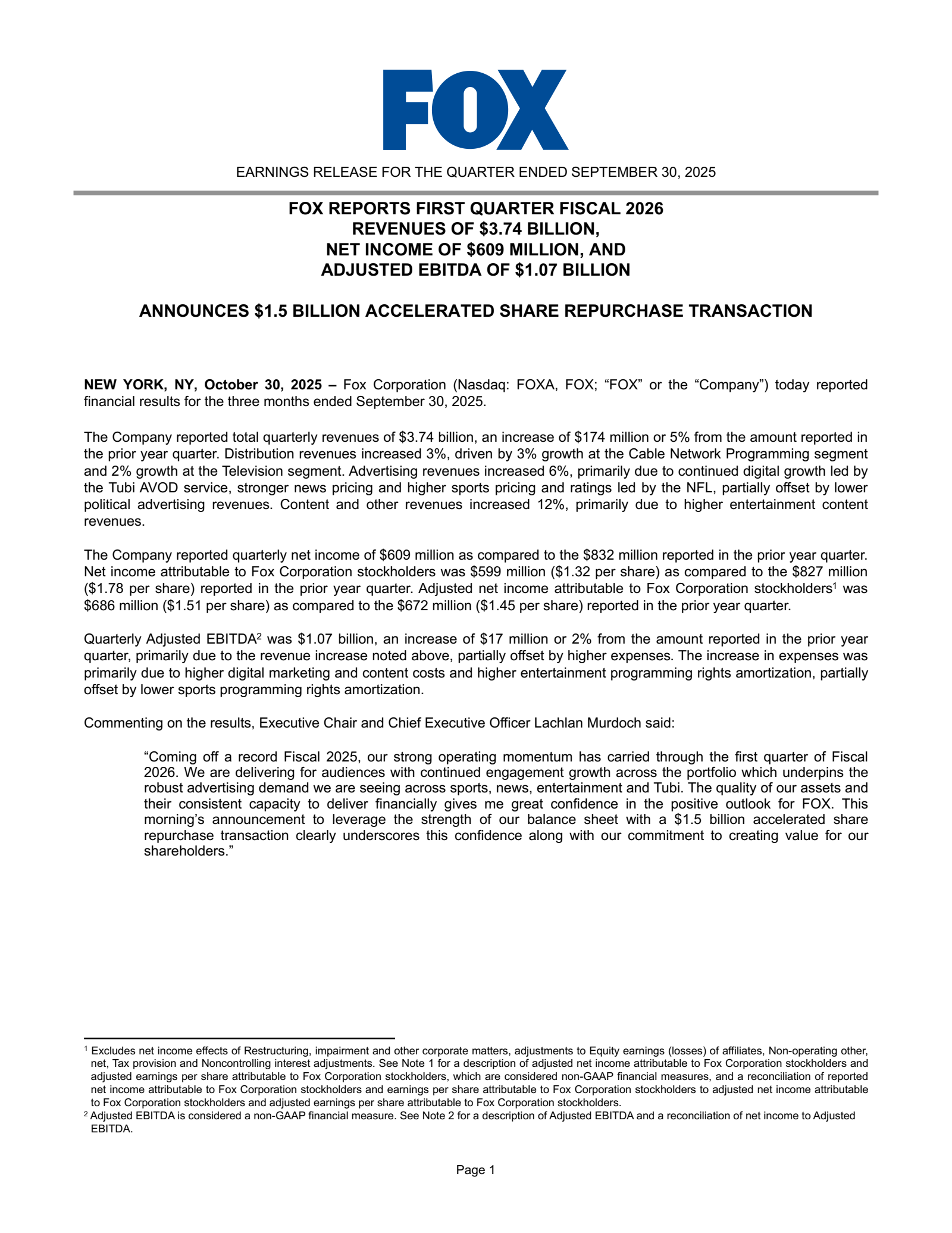 FOX's Q1 2026 Earnings Release