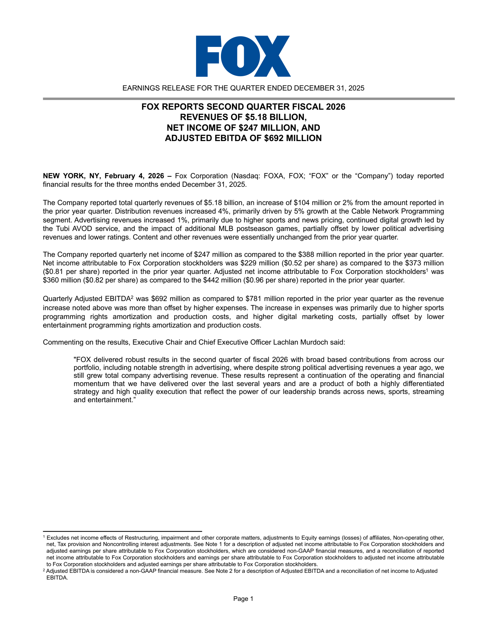 FOX's Q2 2026 Press Release