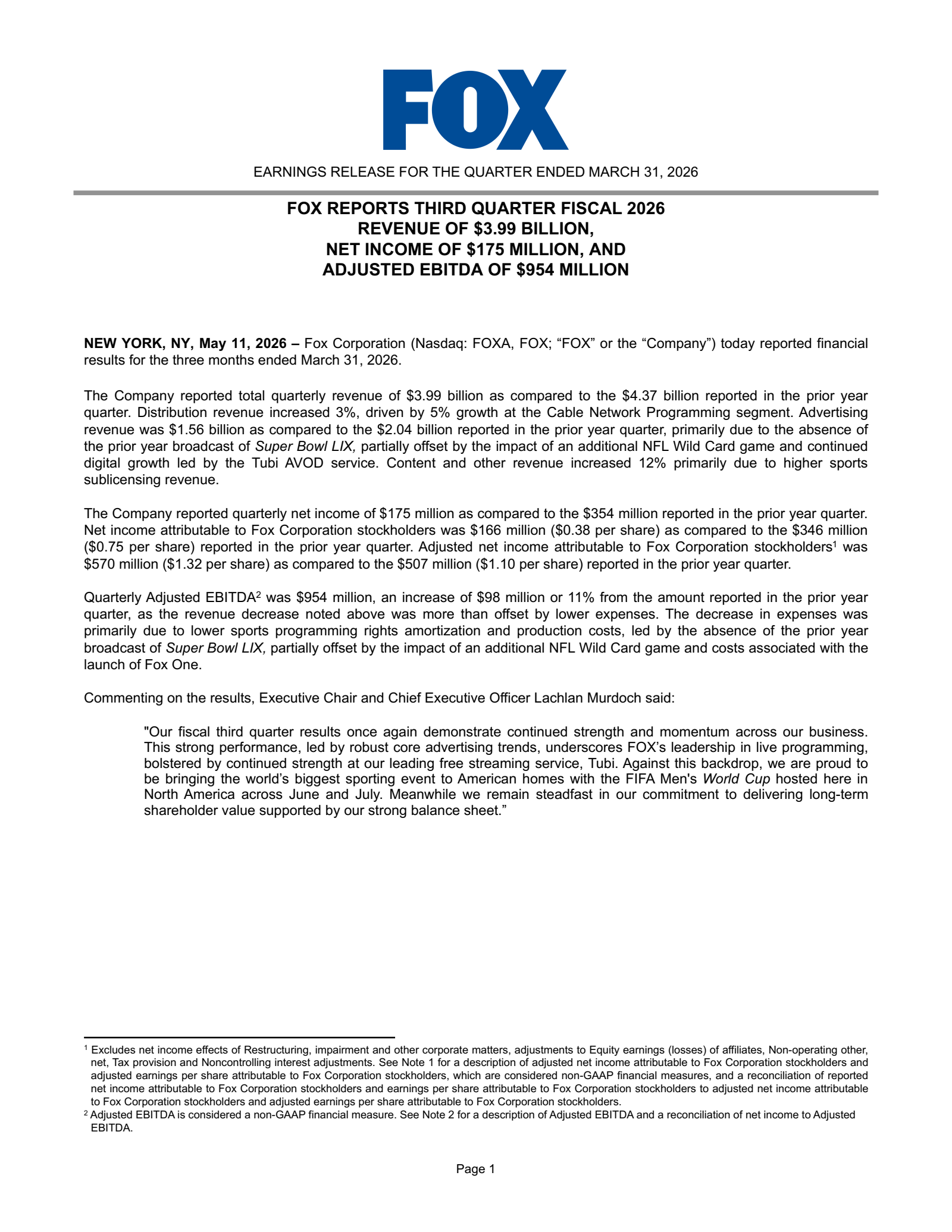 FOX's Q3 2026 Press Release