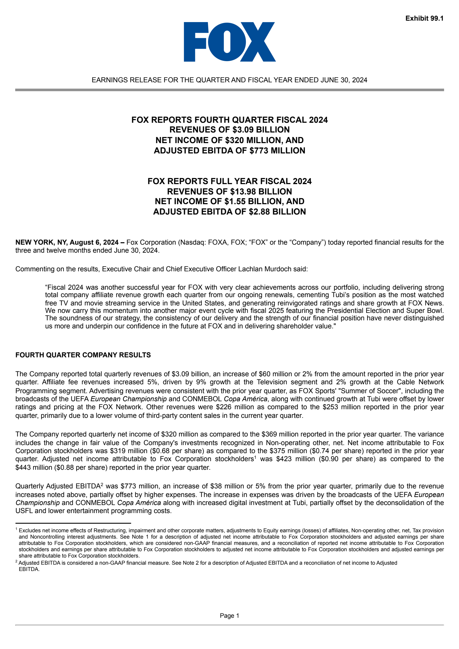 FOX's Q4 2024 Press Release