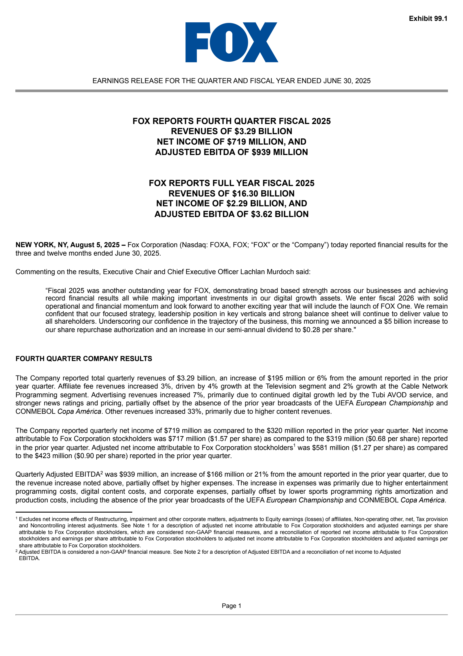 FOX's Q4 2025 Press Release