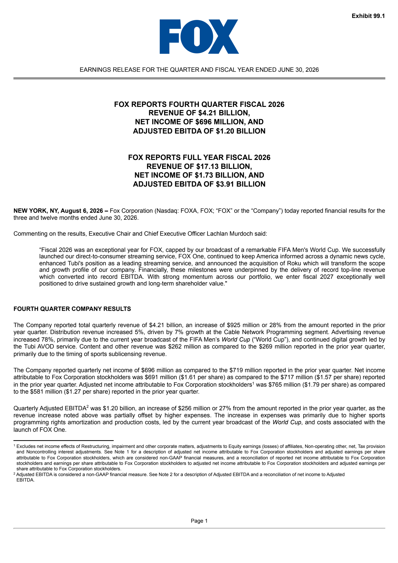 FOX's Q4 2026 Press Release