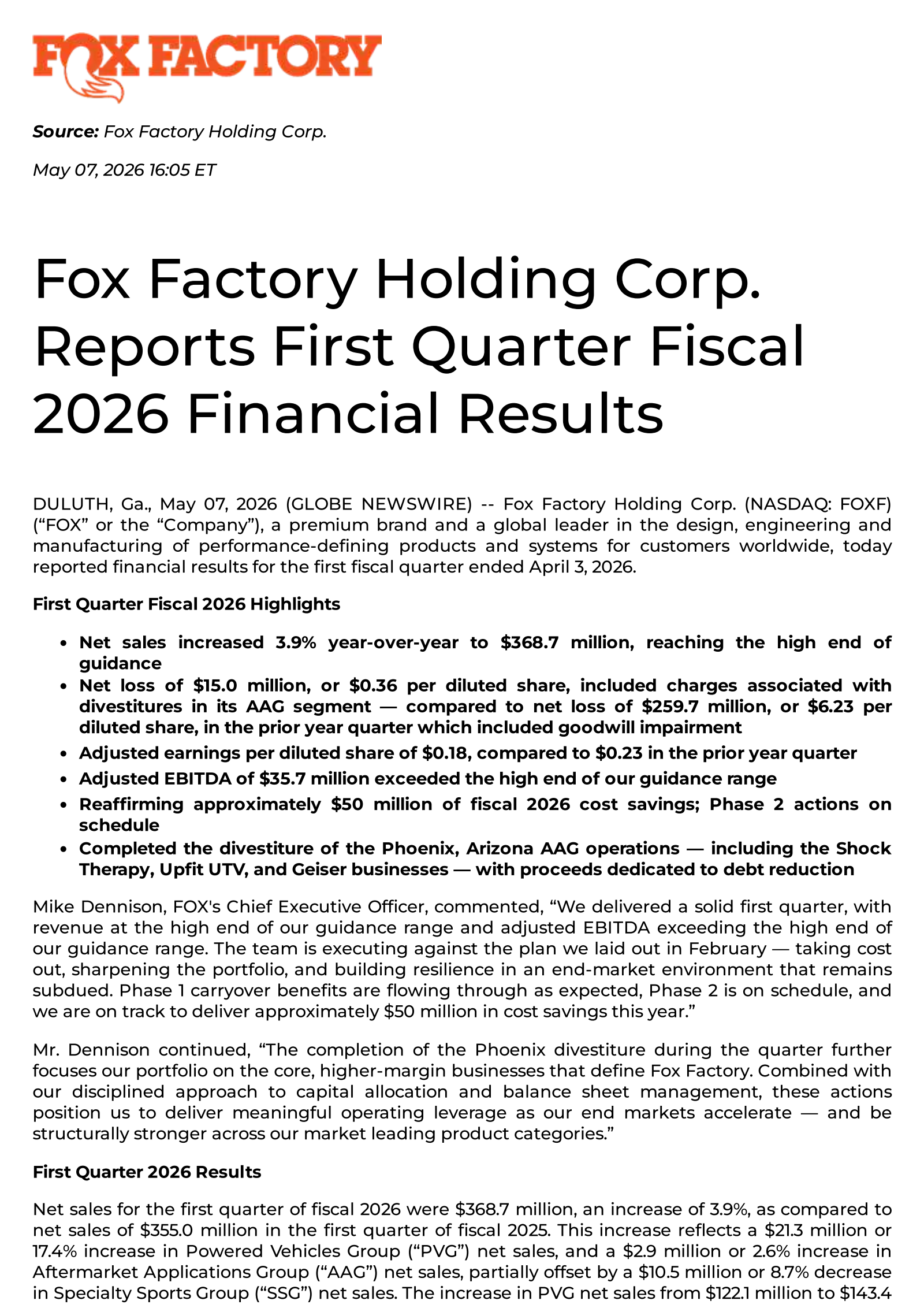 Fox Factory's Q1 2026 Press Release
