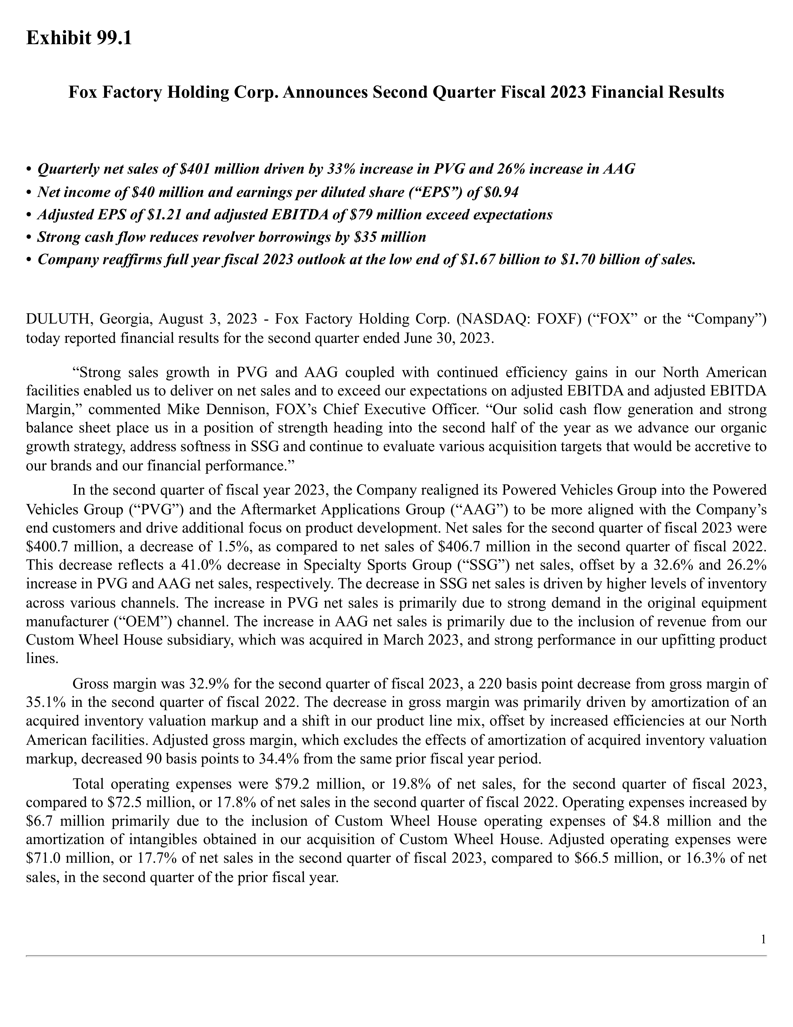 Fox Factory's Q2 2023 Press Release