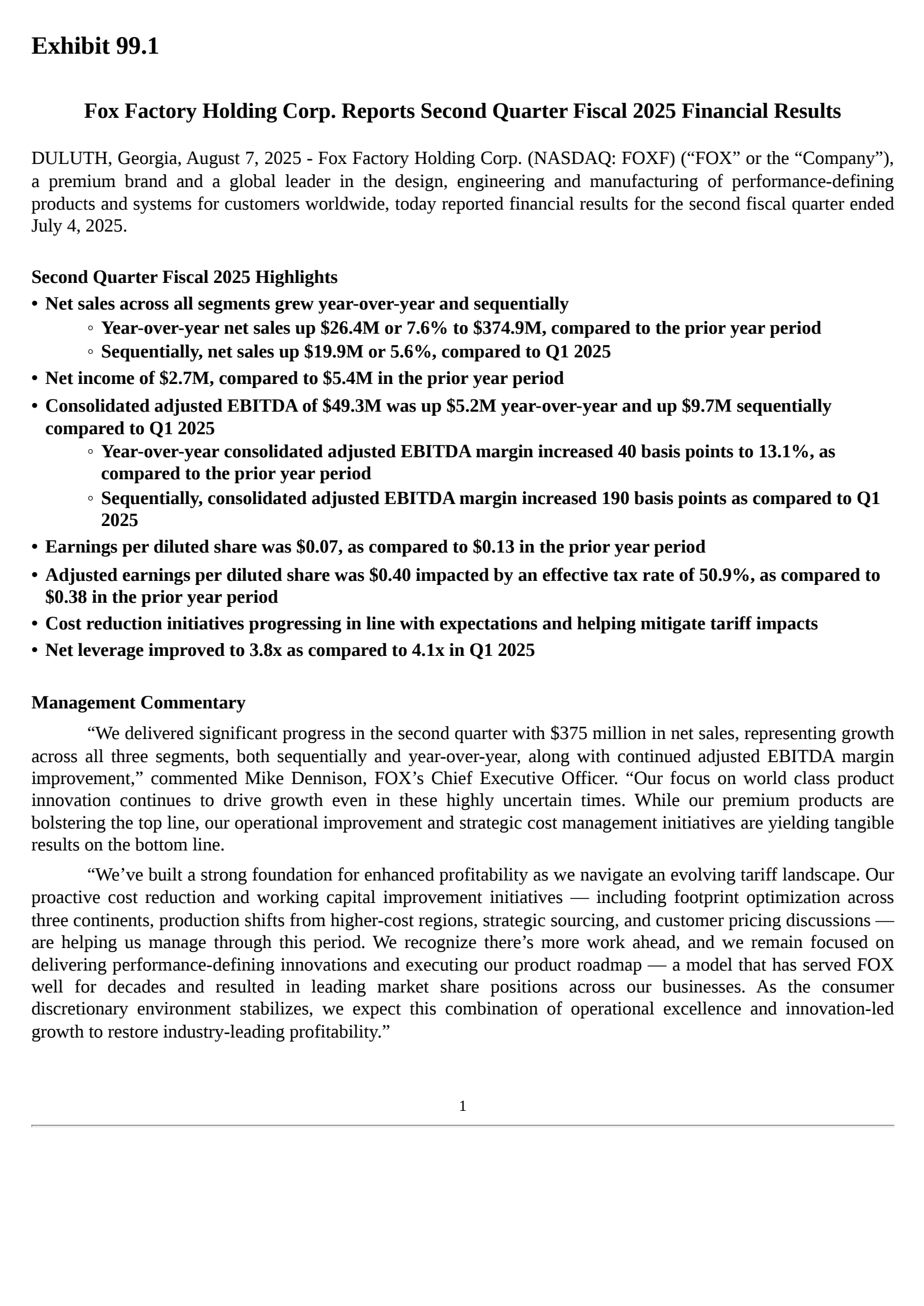Fox Factory's Q2 2025 Press Release