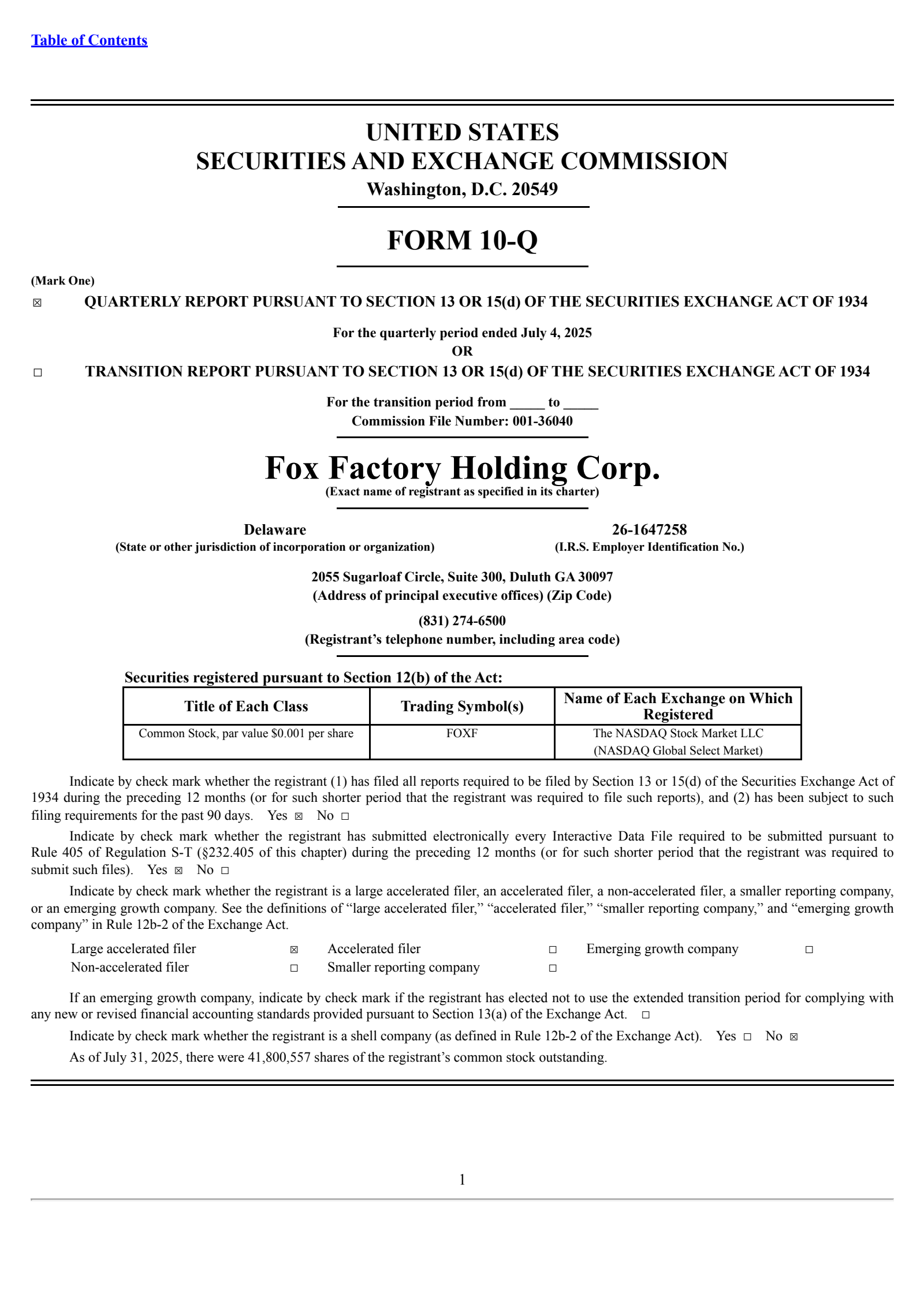 Fox Factory's Q2 2025 Quarterly report