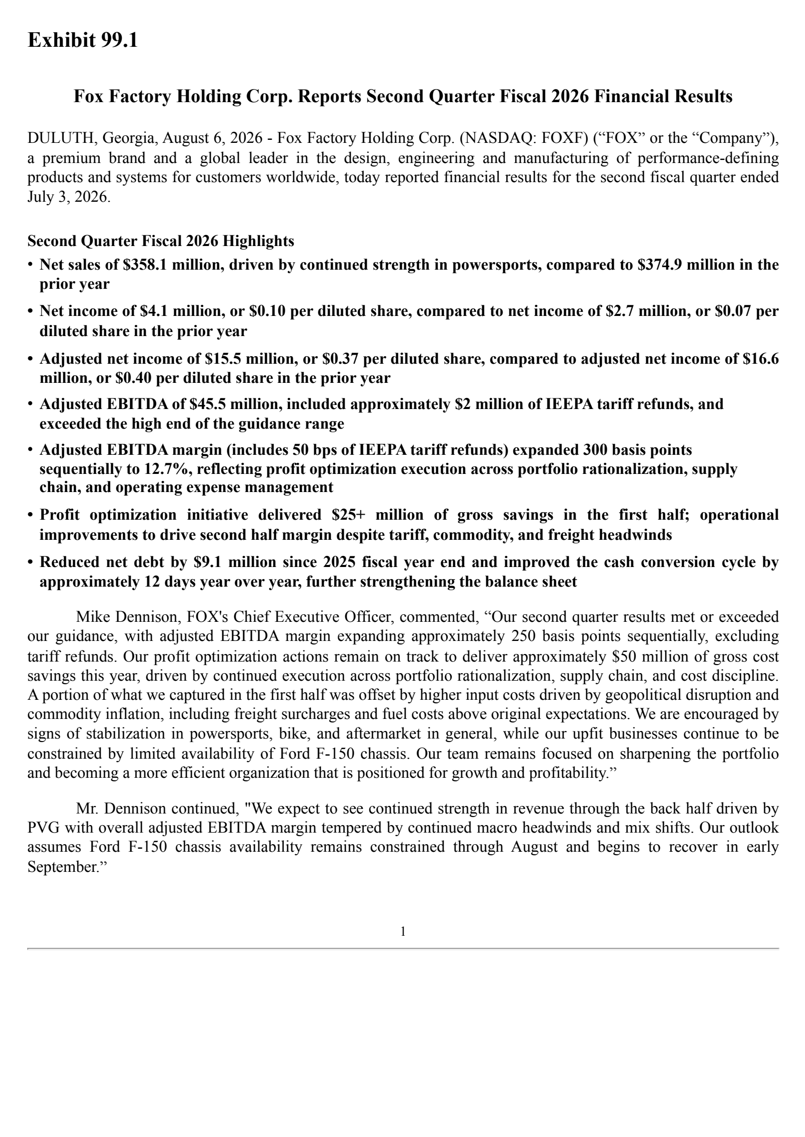 Fox Factory's Q2 2026 Press Release