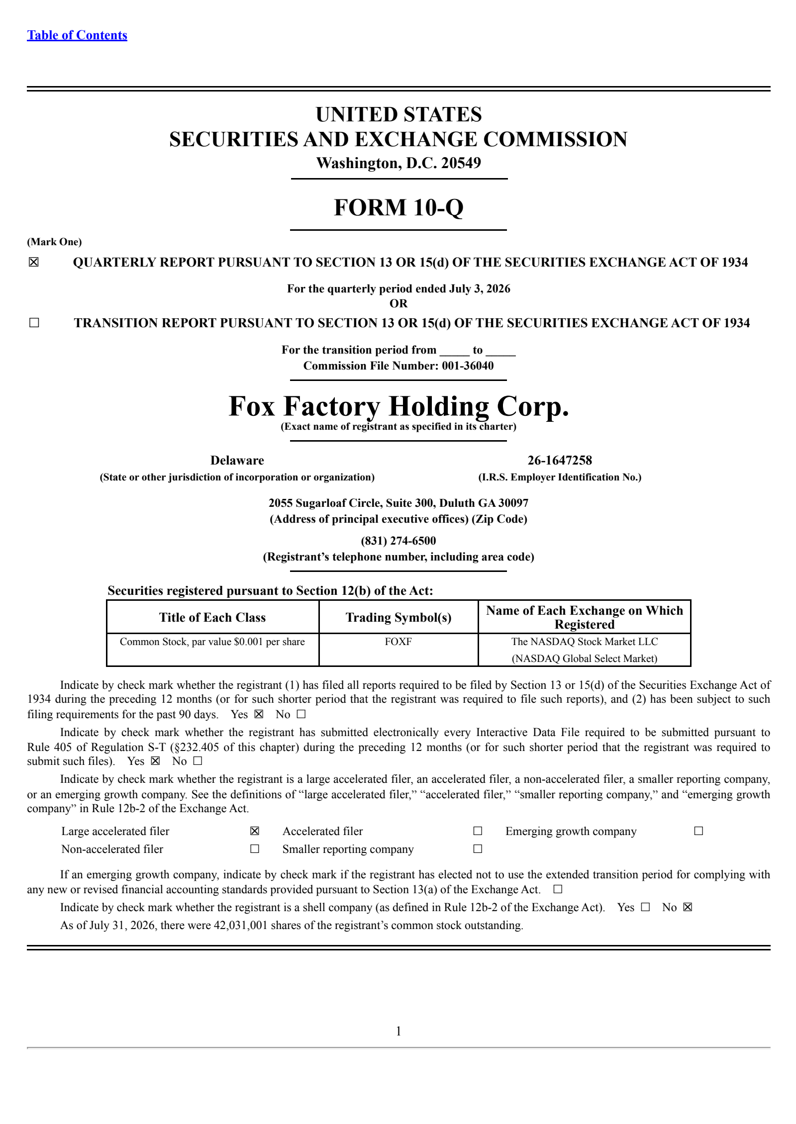Fox Factory's Q2 2026 Quarterly report