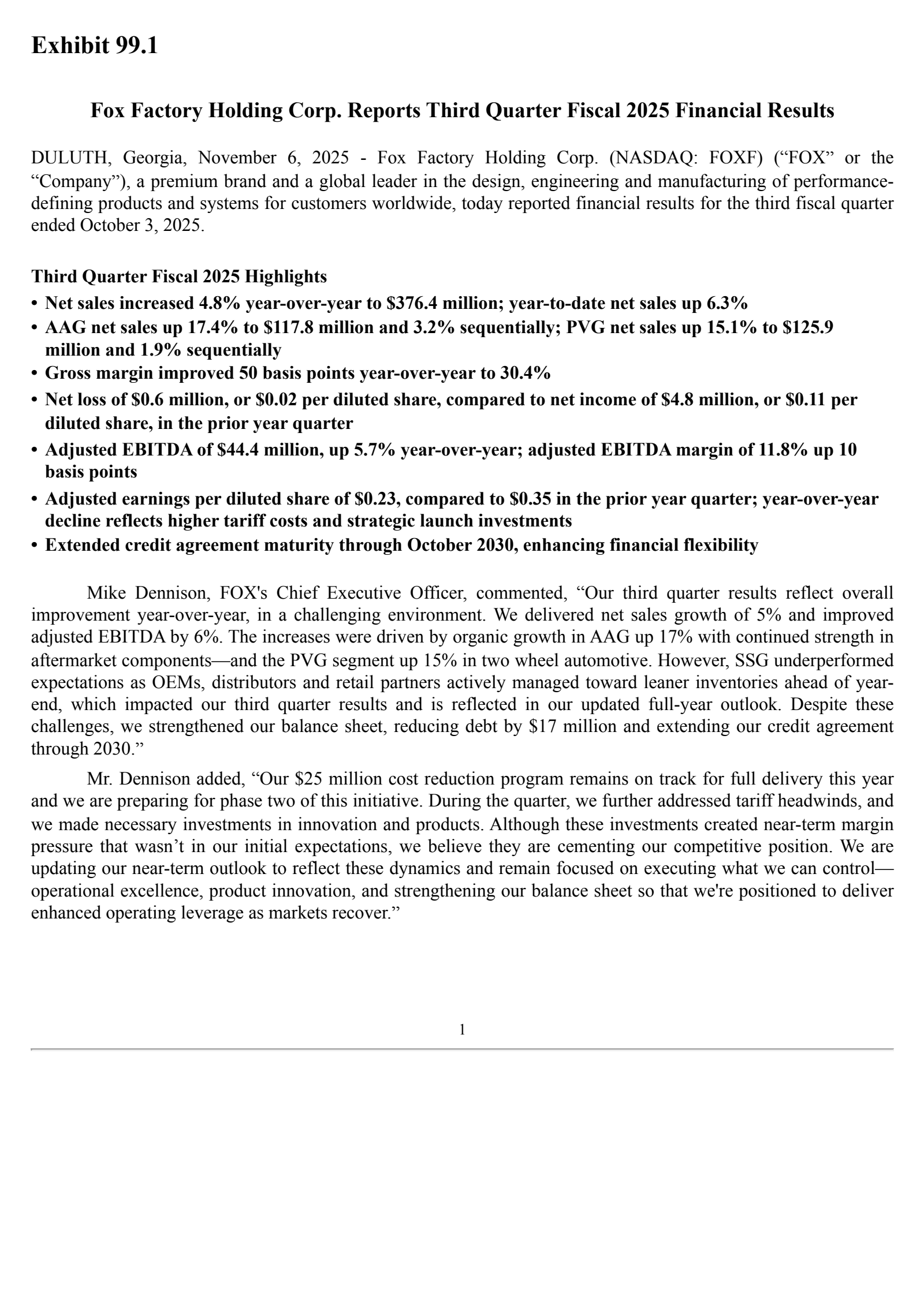 Fox Factory's Q3 2025 Earnings Release