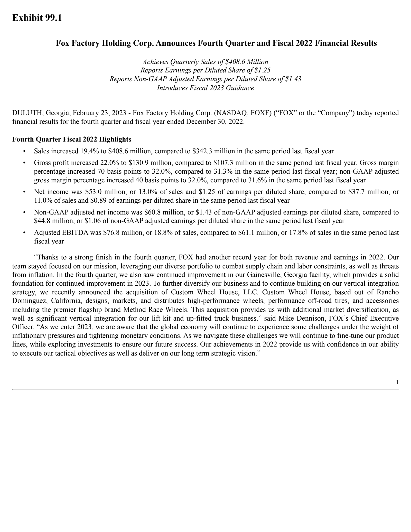 FOXF Q4 2022 Earnings Report on 2/23/2023