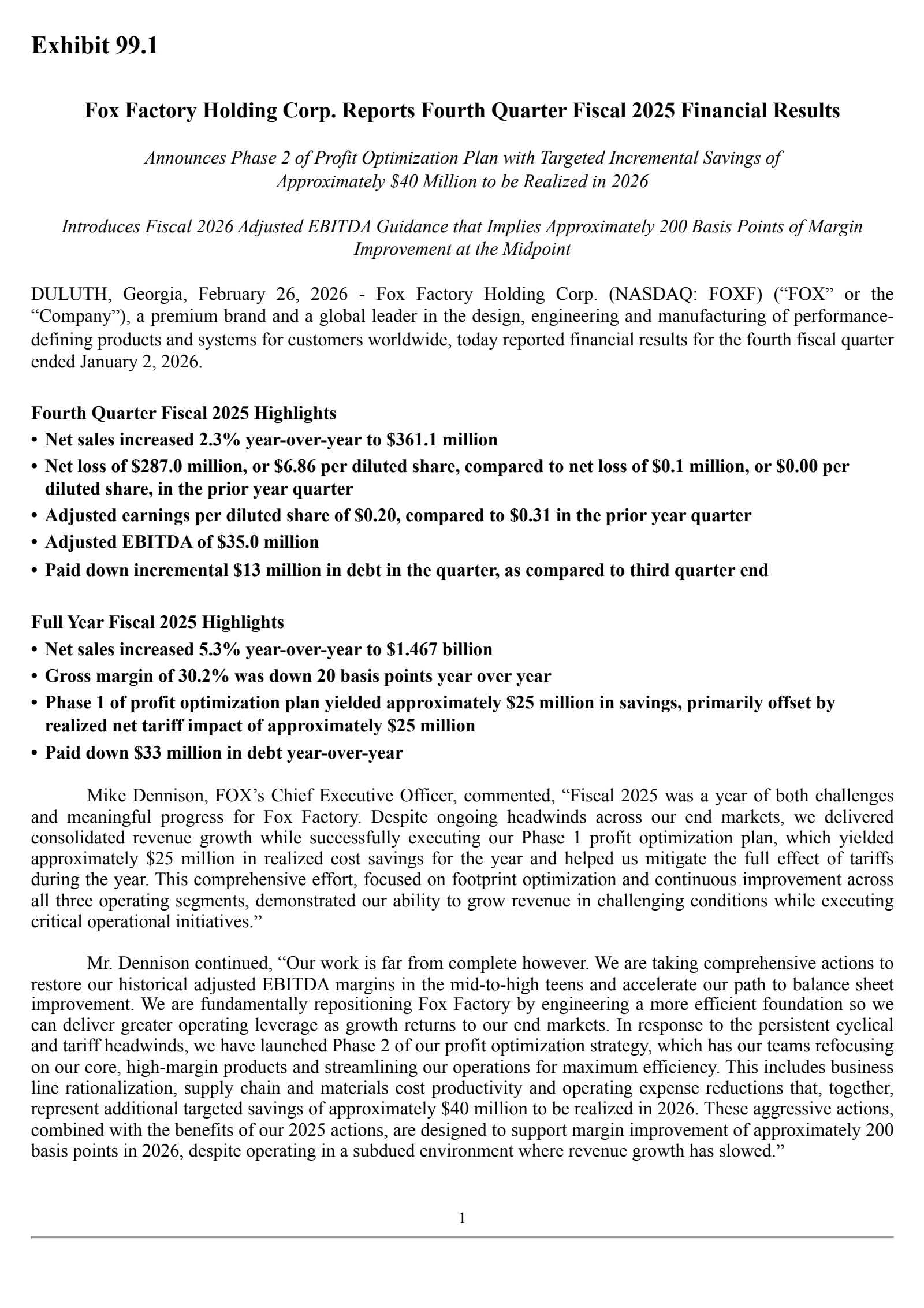 Fox Factory's Q4 2025 Press Release