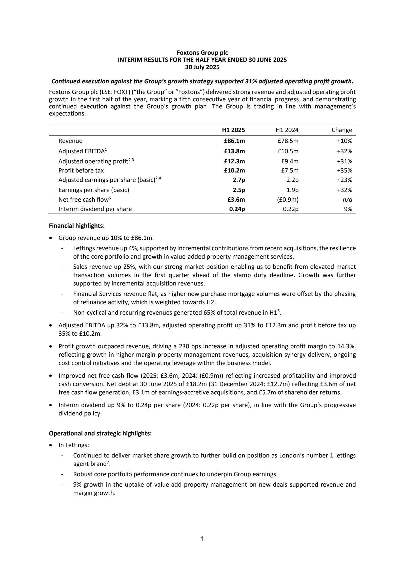 Foxtons Group's H1 2025 Interim report