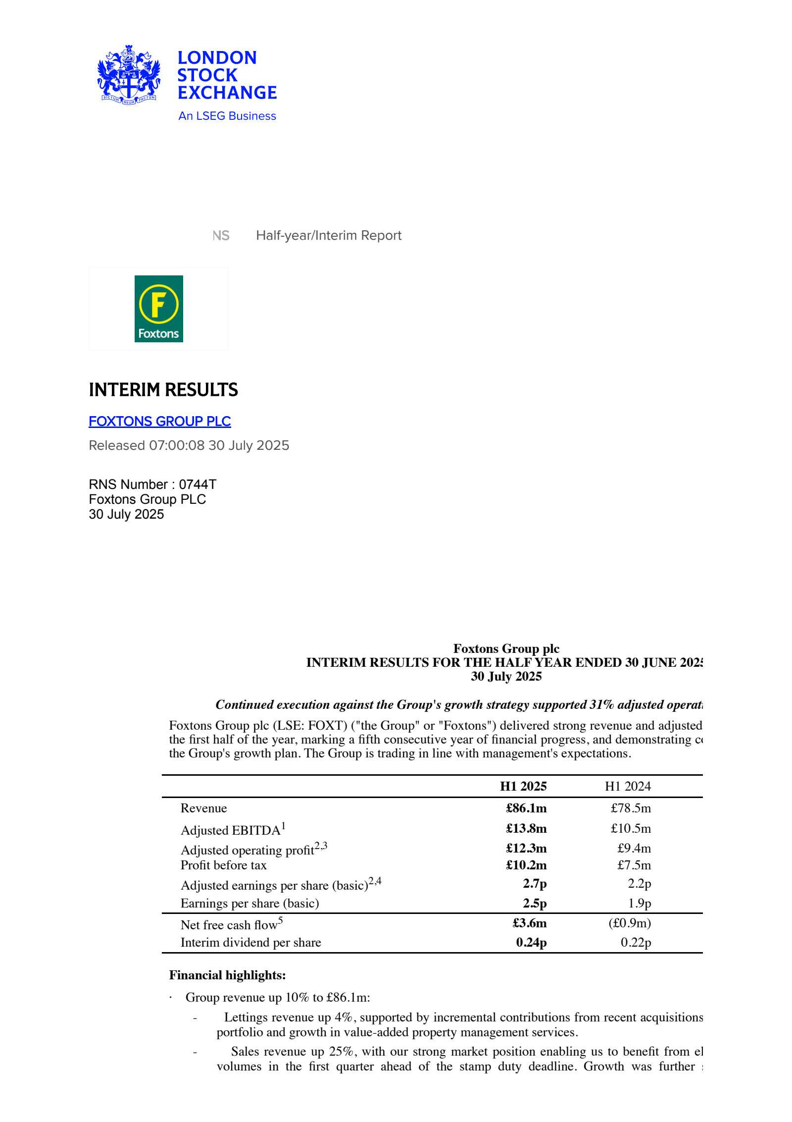 Foxtons Group's H1 2025 Interim report