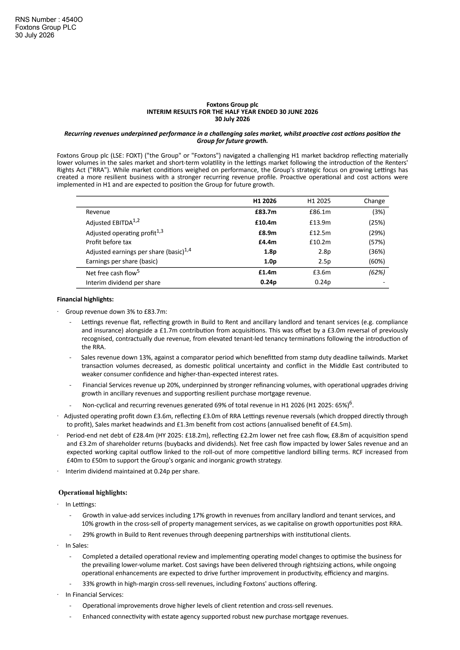 Foxtons Group's Q2 2026 Interim report