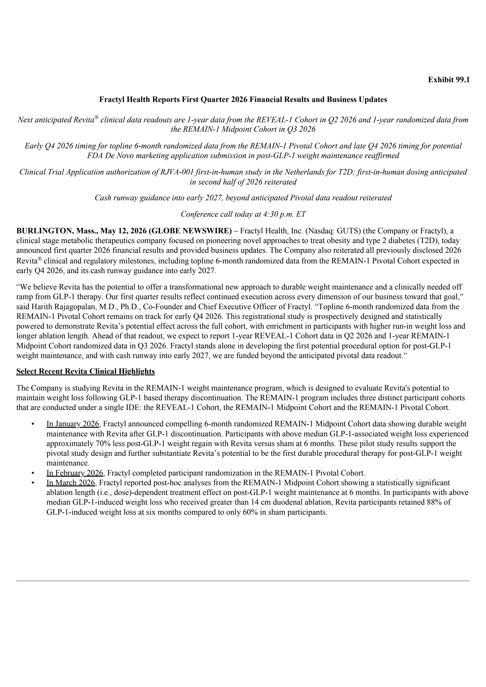 Fractyl Health's Q1 2026 Press Release