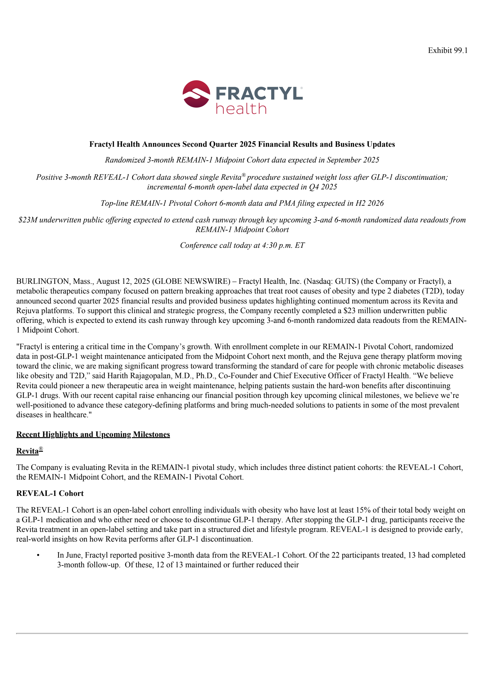 Fractyl Health's Q2 2025 Press Release