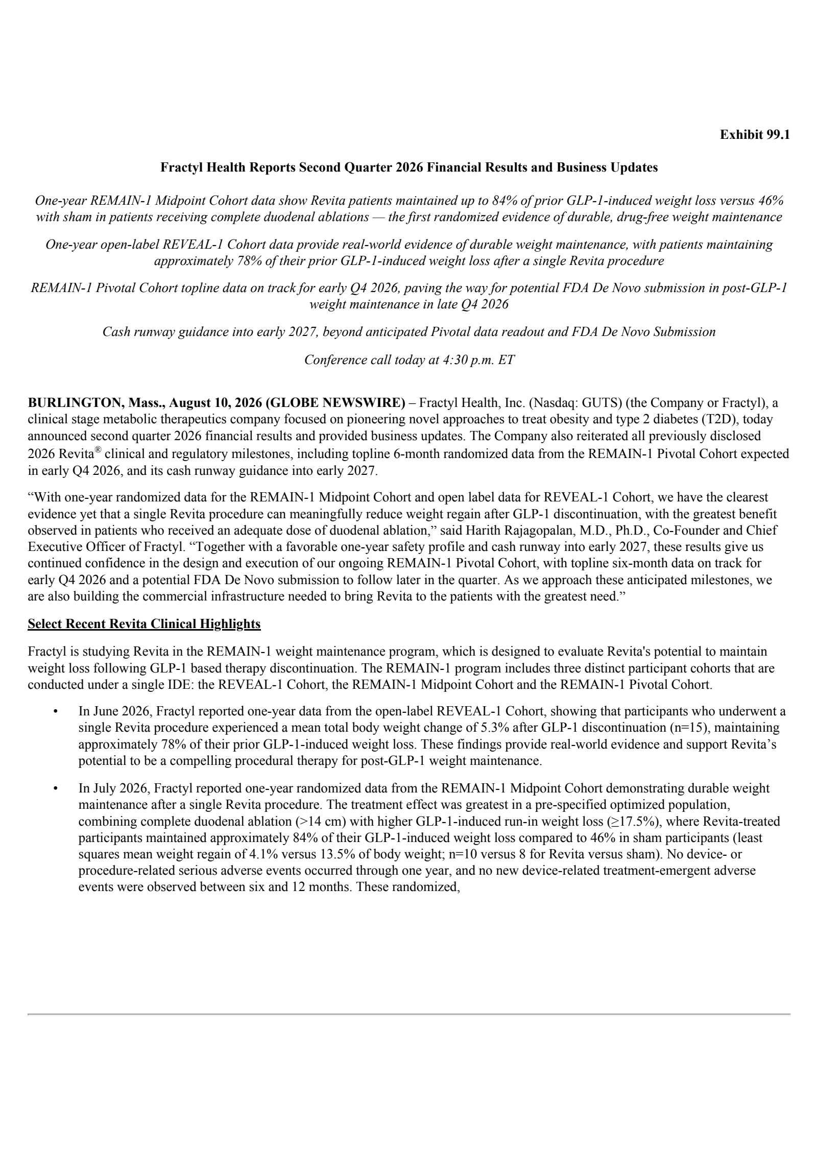 Fractyl Health's Q2 2026 Press Release