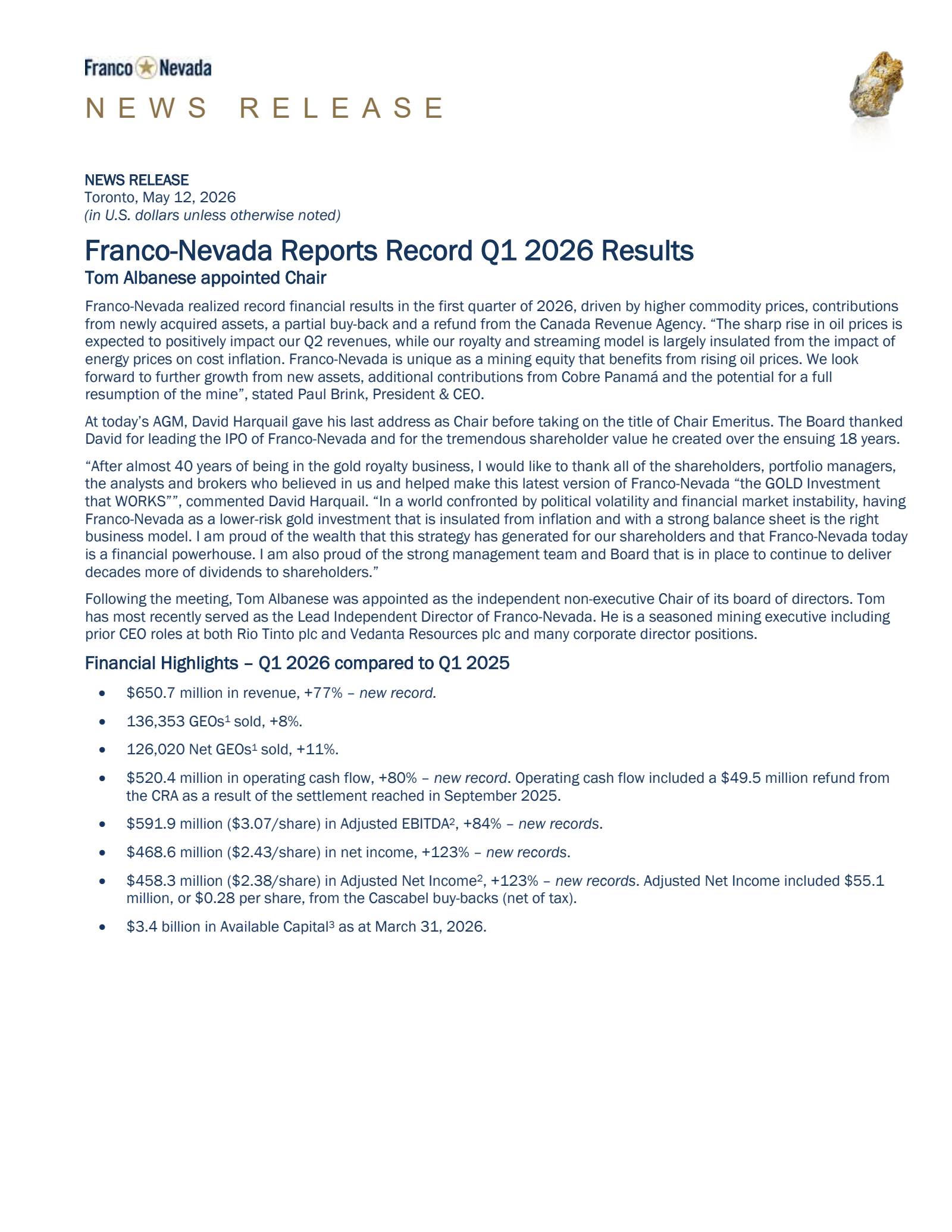 Franco-Nevada's Q1 2026 Press Release