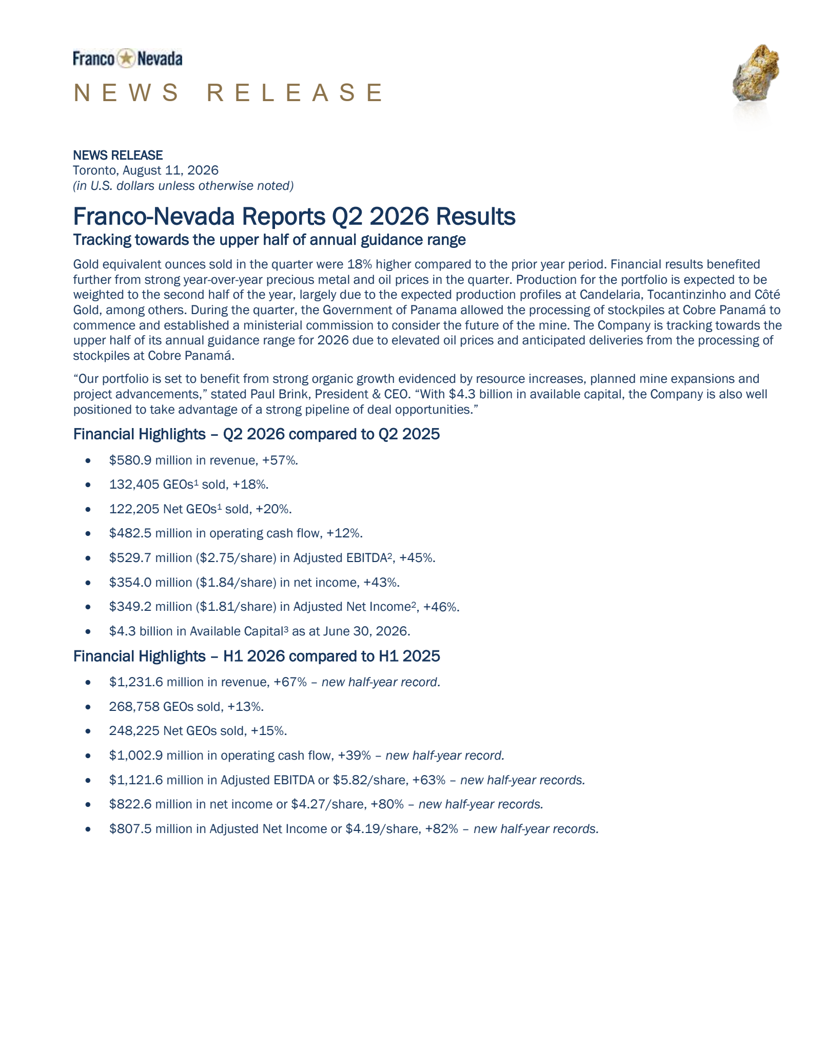 Franco-Nevada's Q2 2026 Press Release