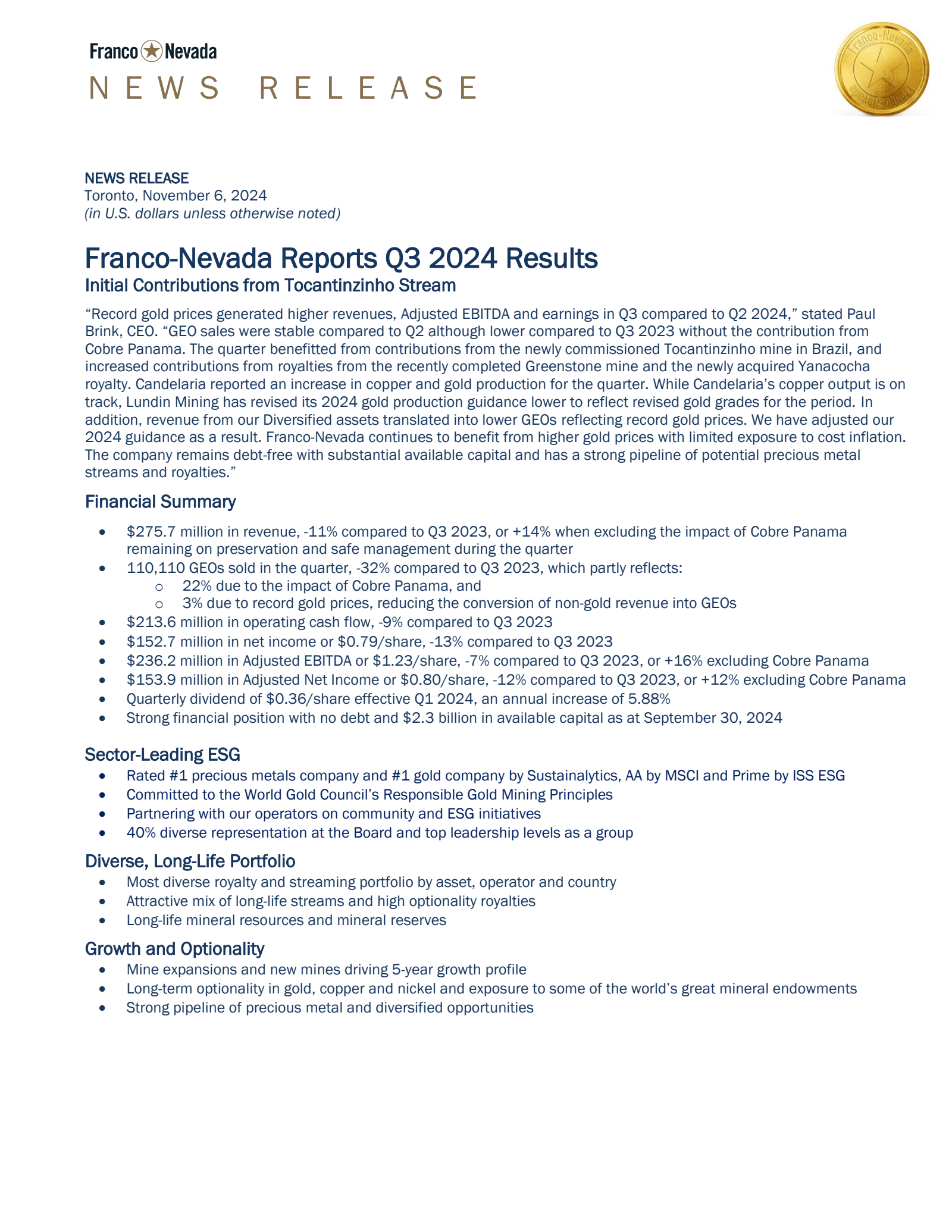 Franco-Nevada's Q3 2024 Earnings Release