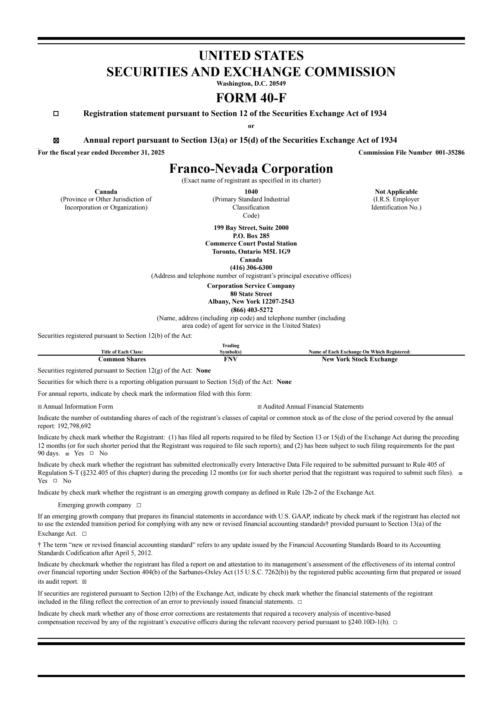 Franco-Nevada's Q4 2025 Annual report