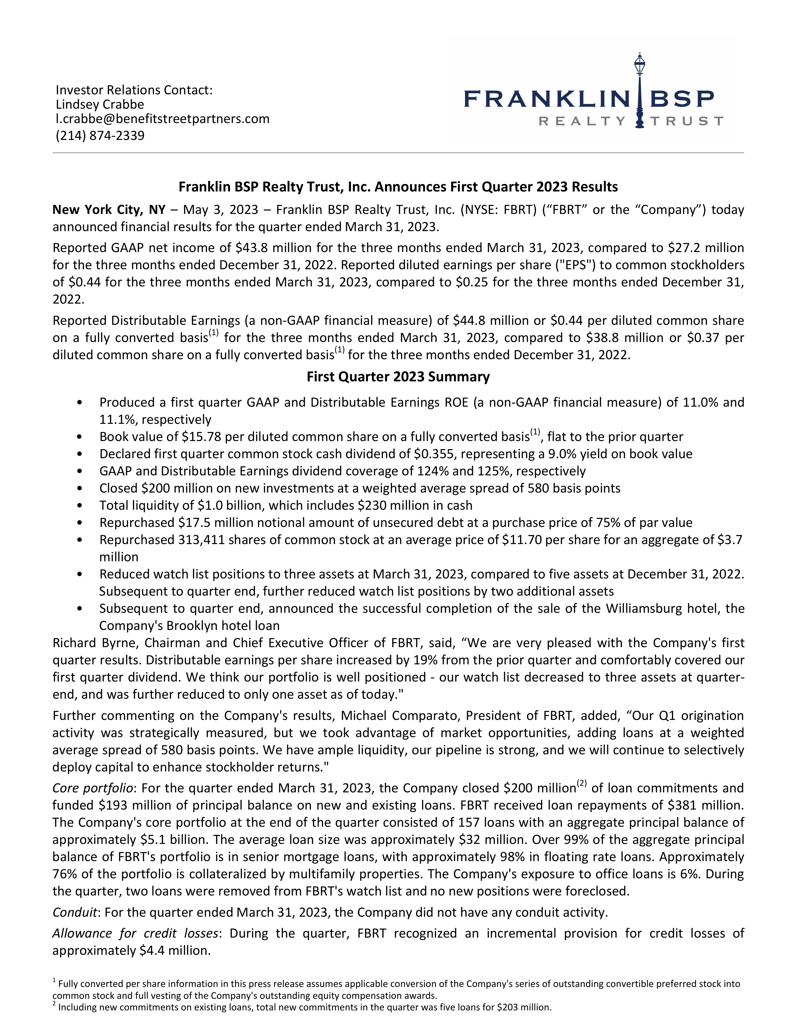 Franklin BSP Realty Trust's Q1 2023 Press Release
