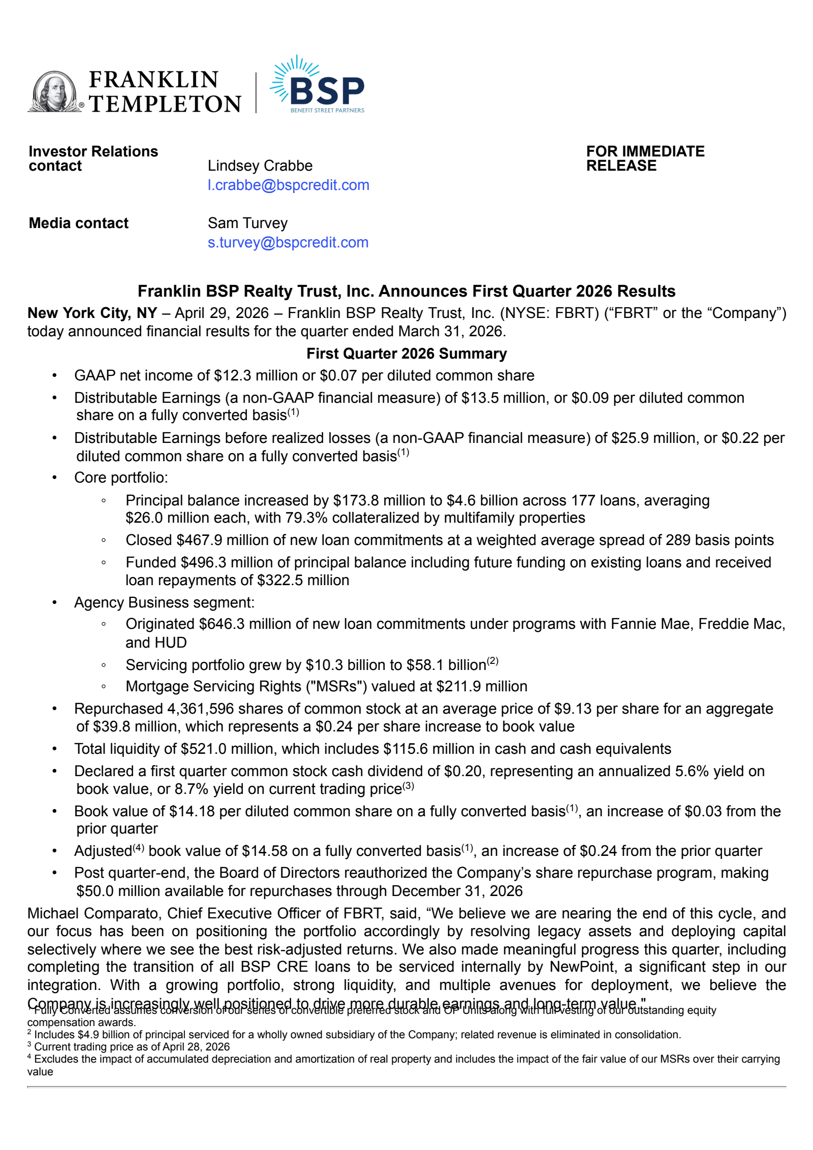 Franklin BSP Realty Trust's Q1 2026 Press Release