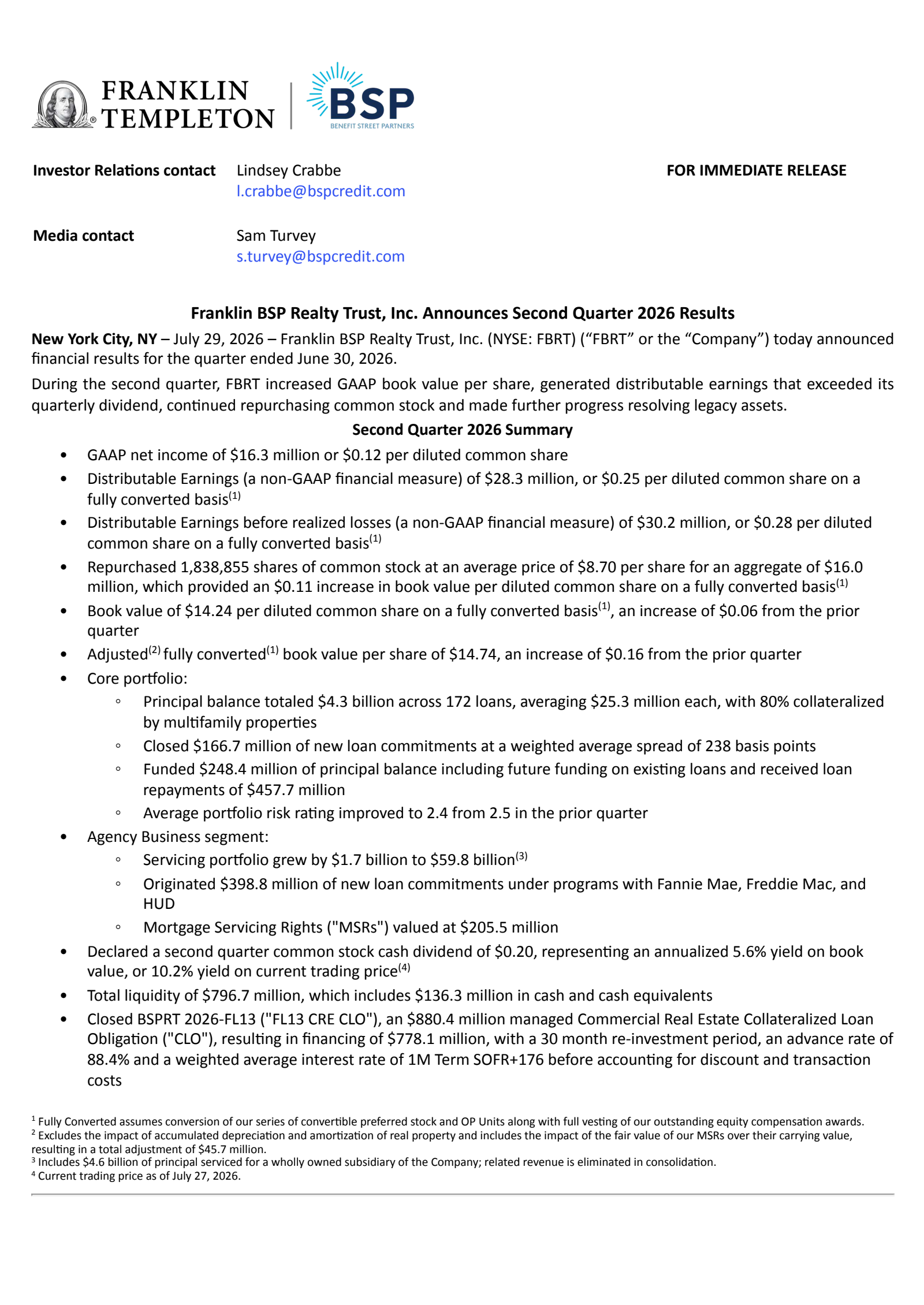 Franklin BSP Realty Trust's Q2 2026 Press Release