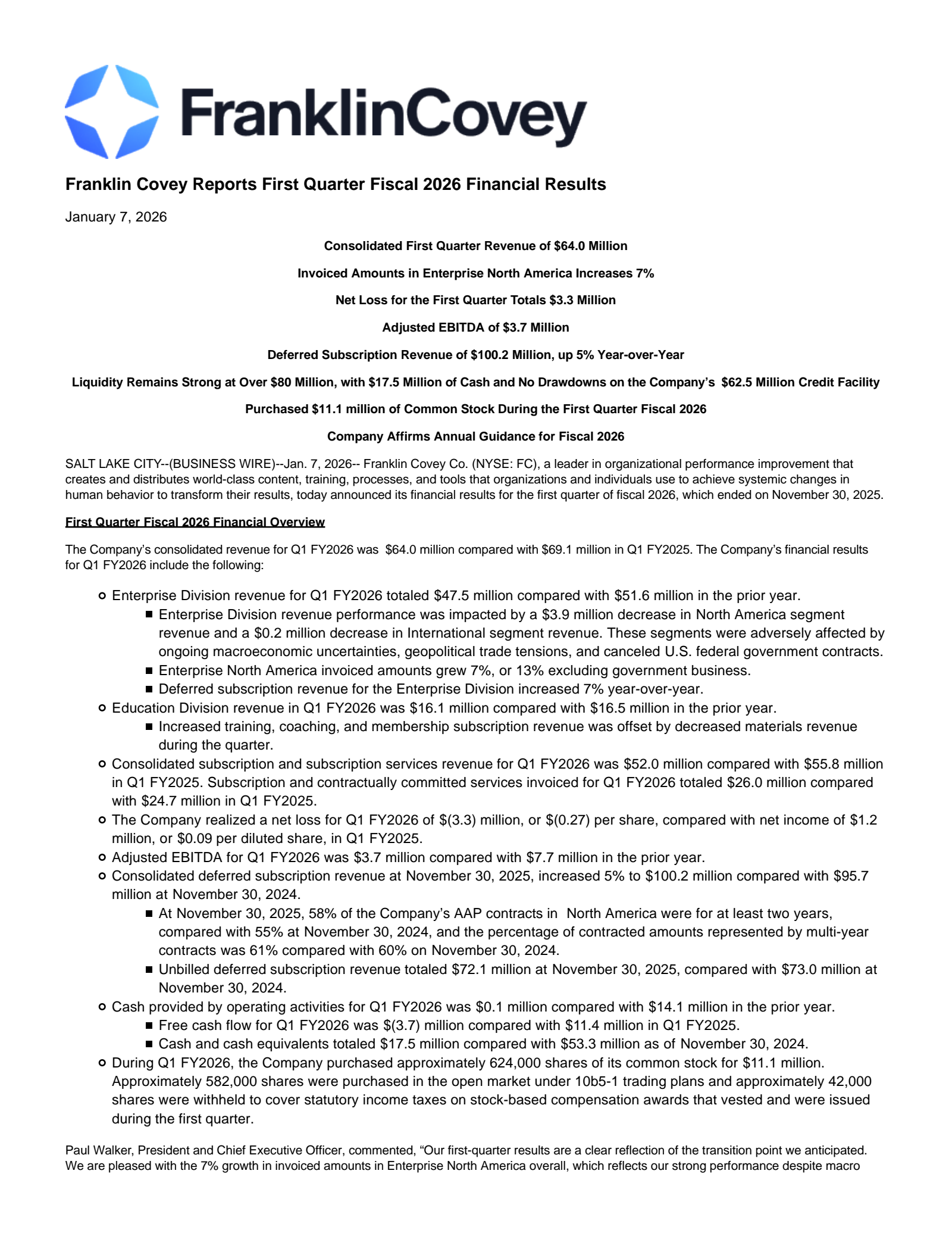 Franklin Covey's Q1 2026 Earnings Release