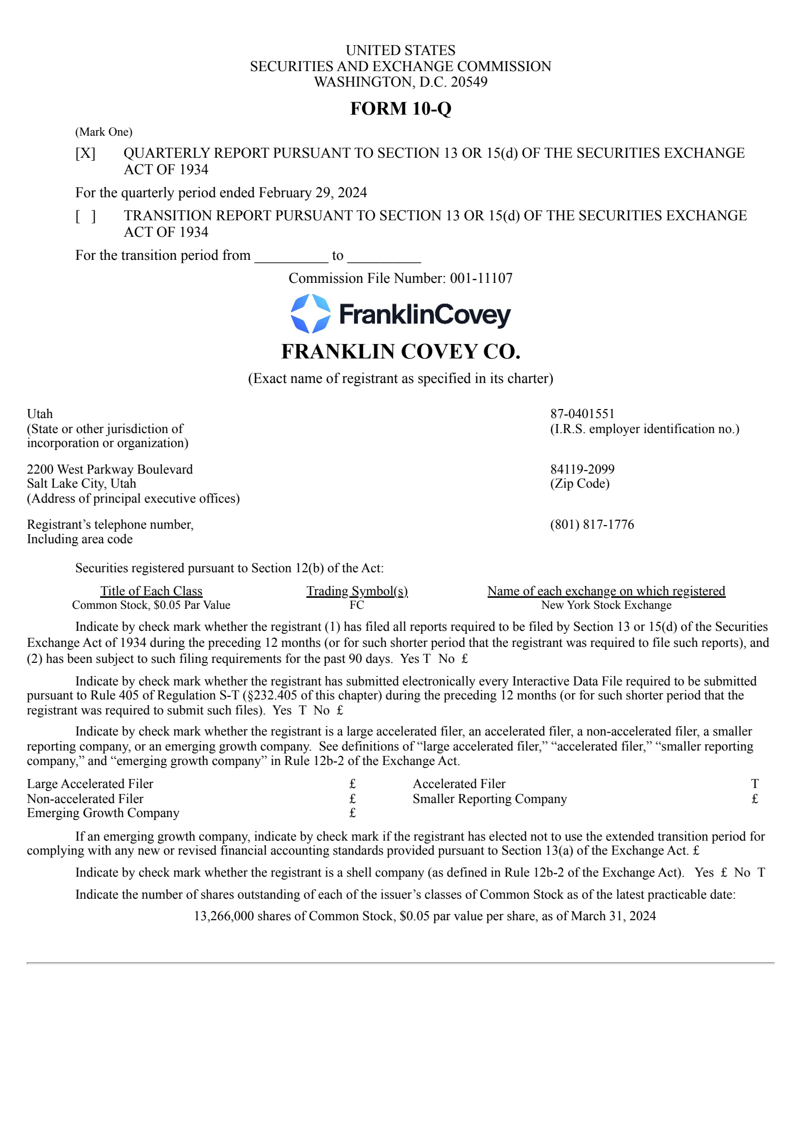 Franklin Covey's Q2 2024 Quarterly report